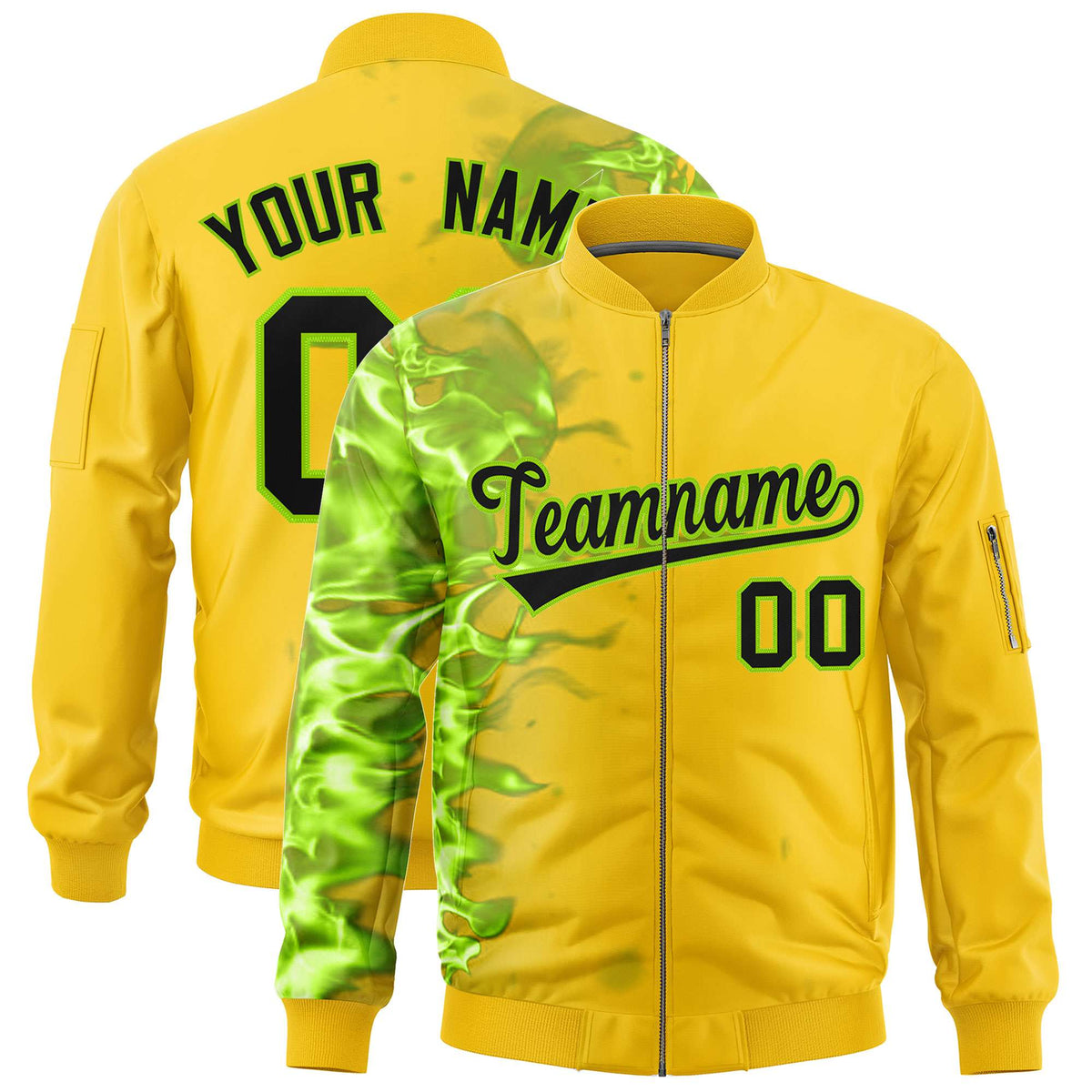 Custom Gold 3D Flame Varsity Full-Zip Letterman Bomber Jacket