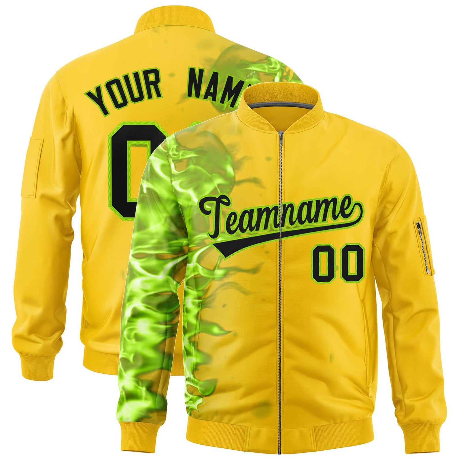 Custom Gold 3D Flame Varsity Full-Zip Letterman Bomber Jacket