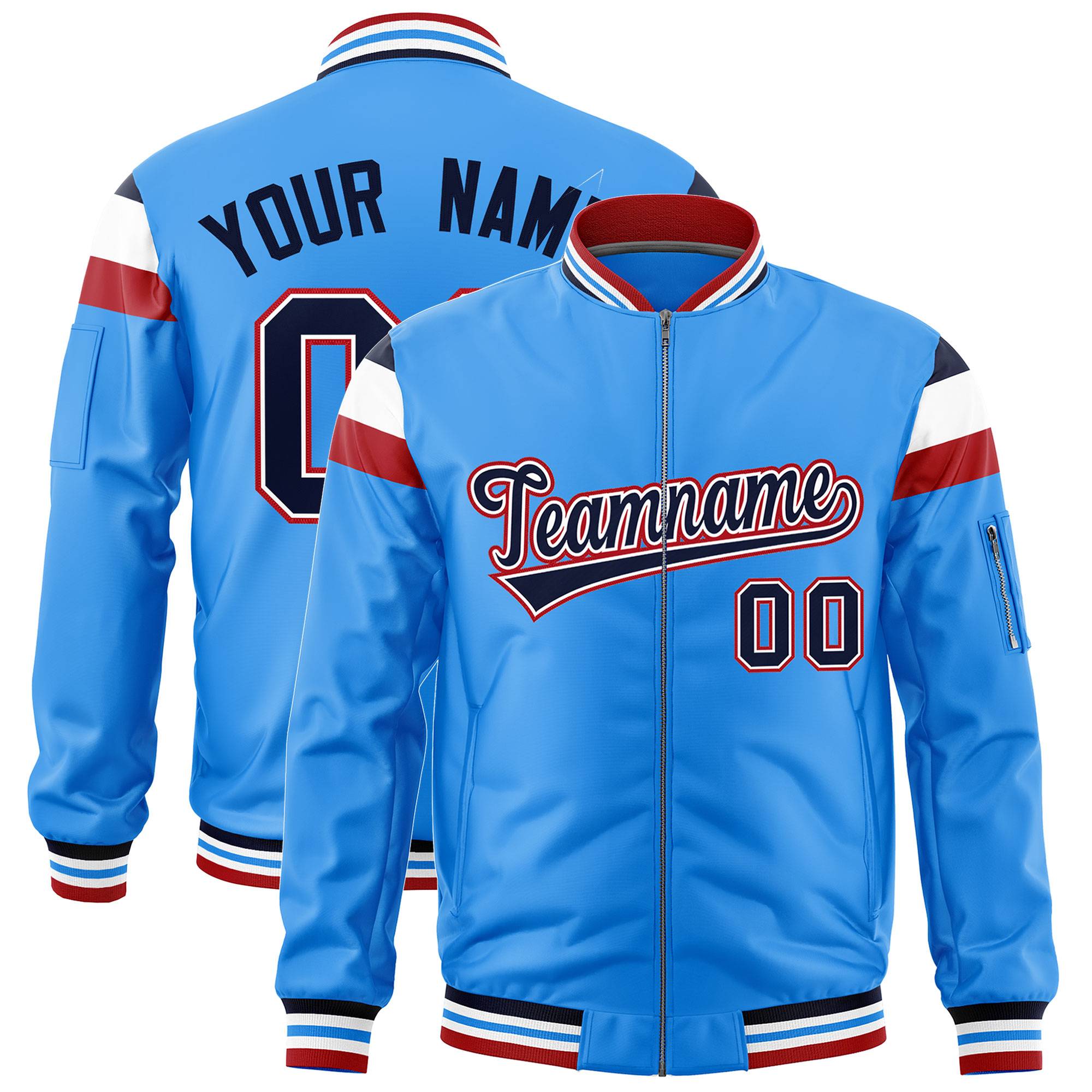 Custom Powder Blue Navy-White Varsity Full-Zip Shoulder Color Block Letterman Bomber Jacket