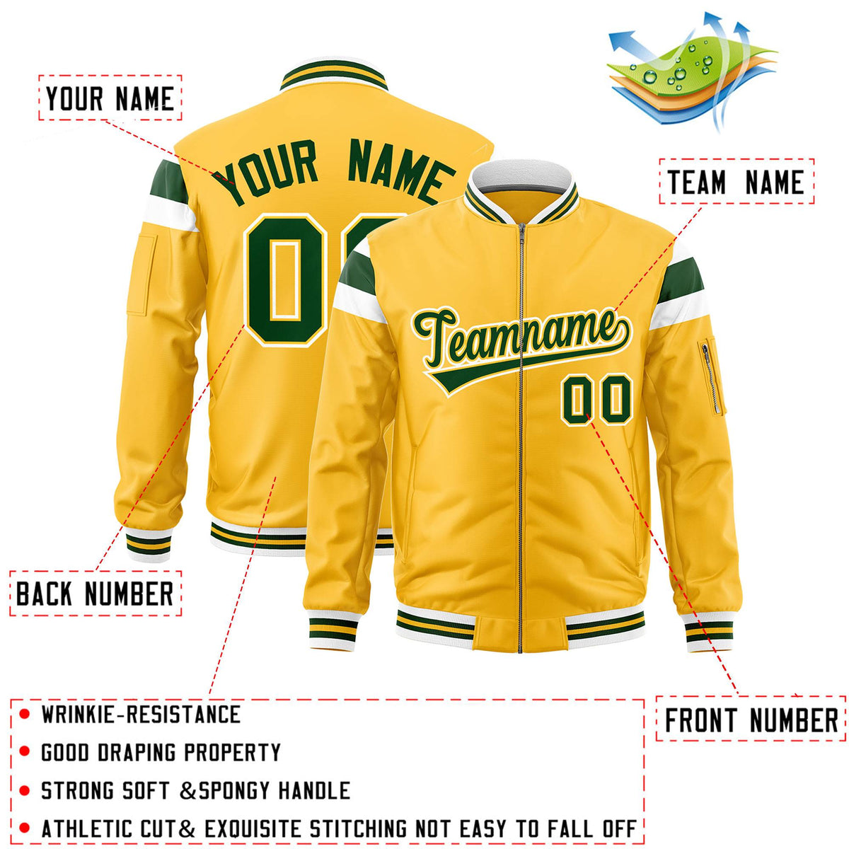 Custom Gold White-Green Varsity Full-Zip Shoulder Color Block Letterman Bomber Jacket