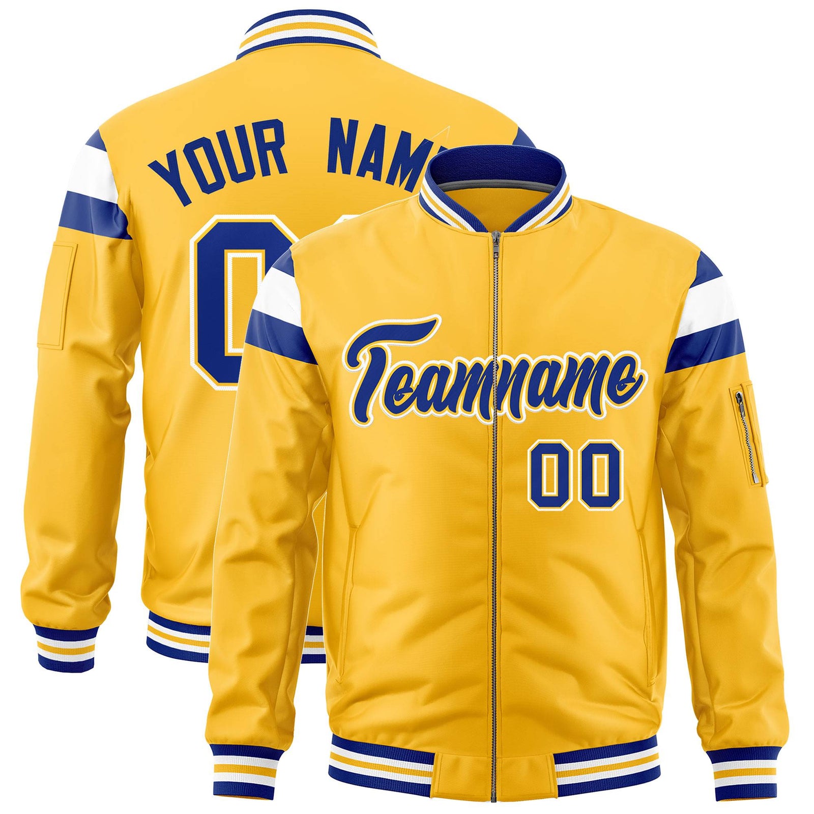 Custom Gold Royal-White Varsity Full-Zip Shoulder Color Block Letterman Bomber Jacket