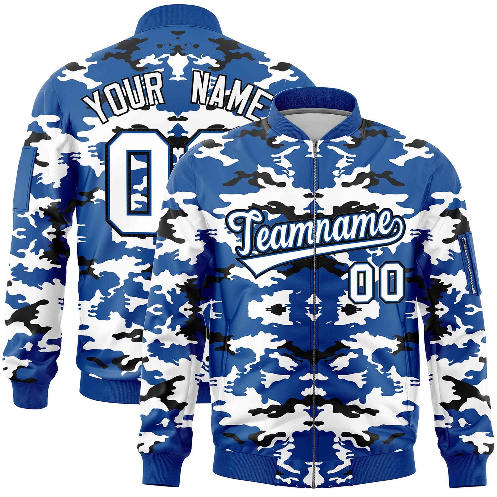 Custom Royal Black-White Varsity Full-Zip Camo Letterman Bomber Jacket
