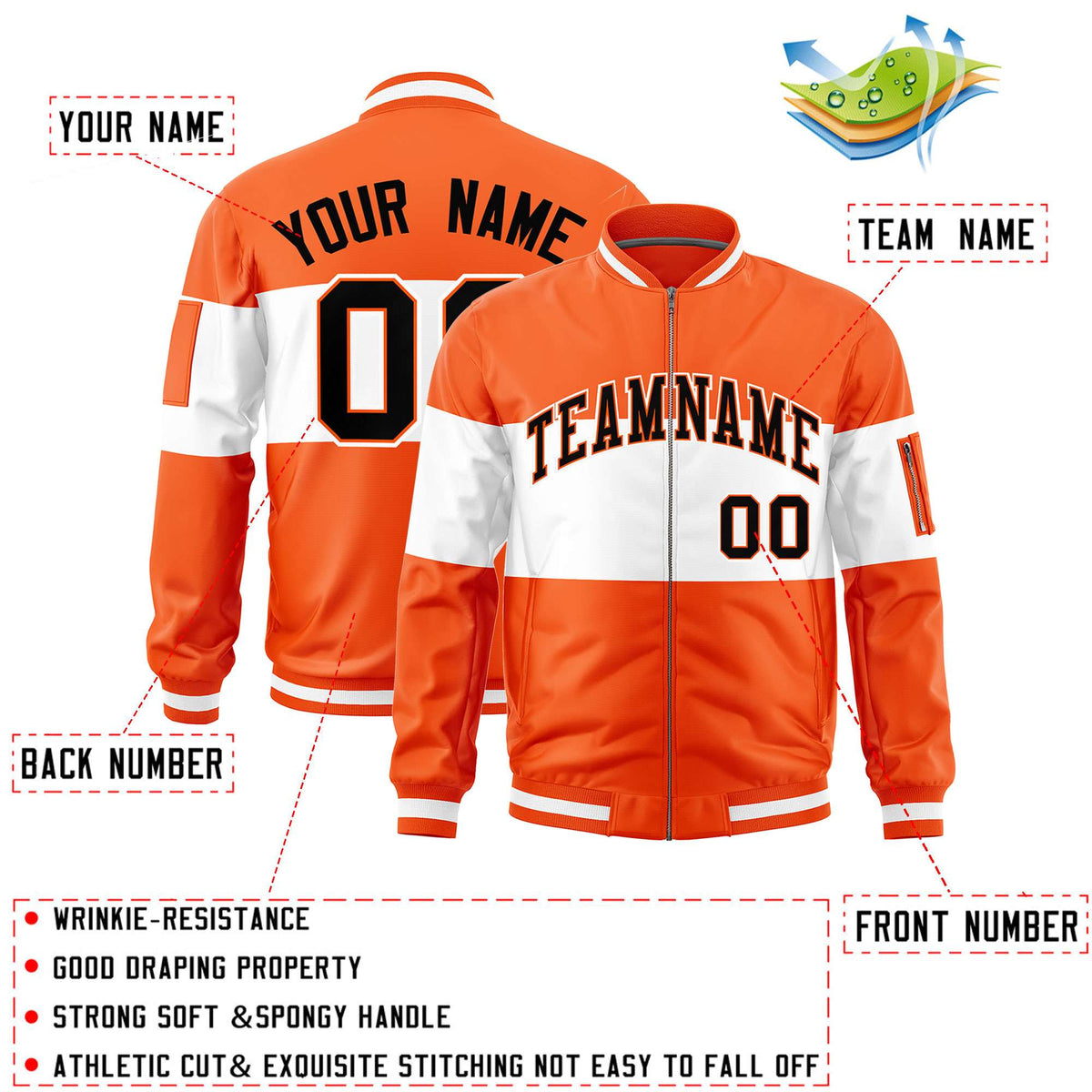 Custom Orange White-Orange Varsity Full-Zip Color Block Letterman Bomber Jacket