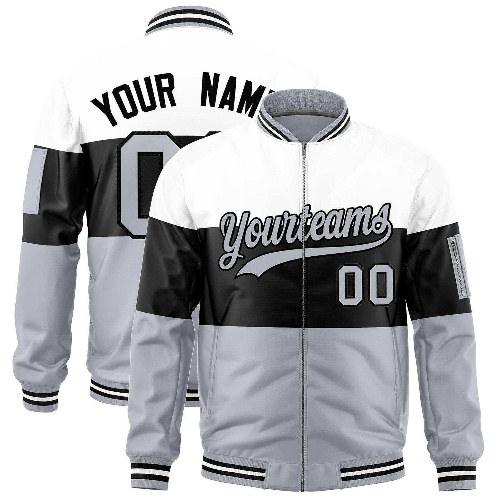 Custom White Black-Silver Varsity Full-Zip Color Block Letterman Bomber Jacket