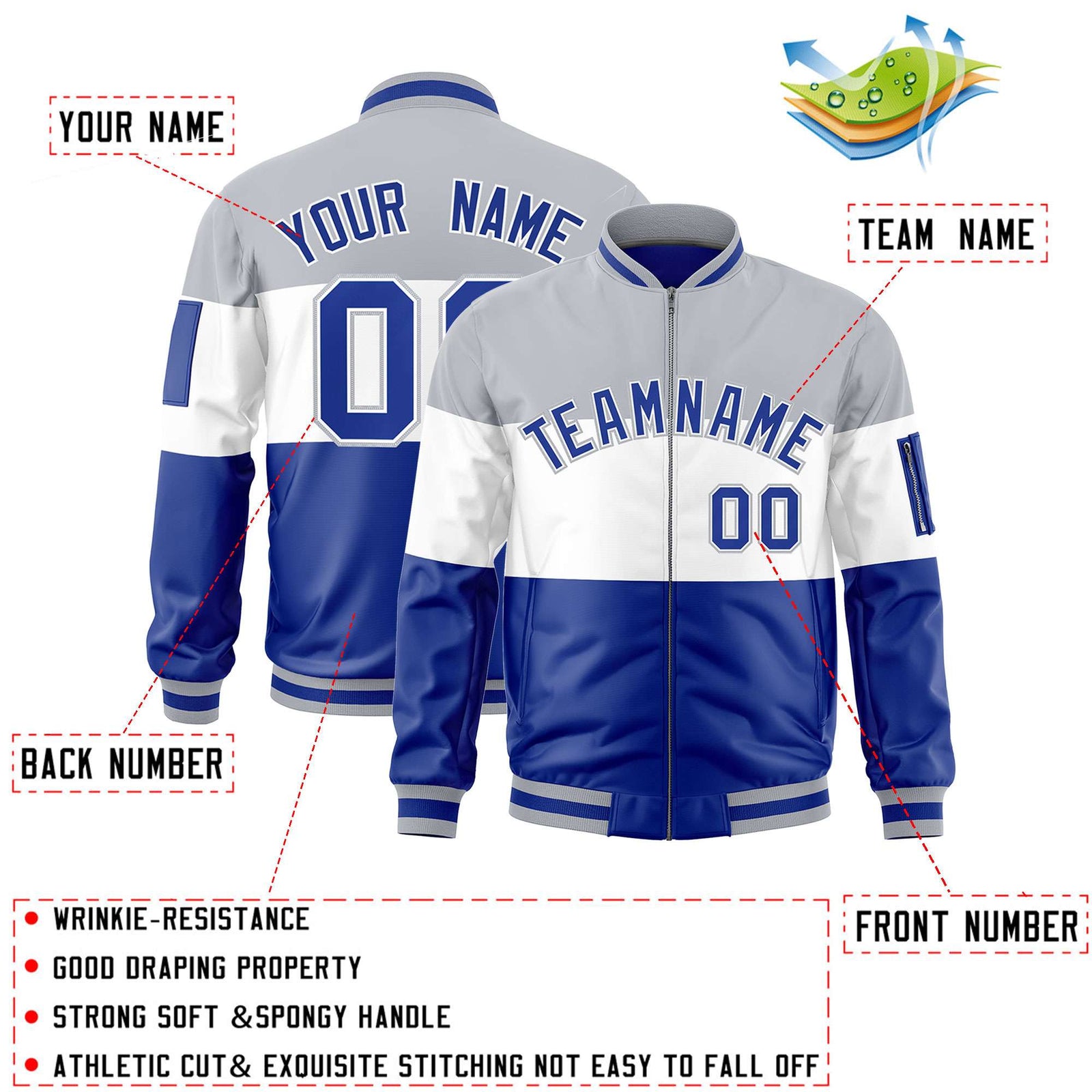 Custom Silver White-Royal Varsity Full-Zip Color Block Letterman Bomber Jacket