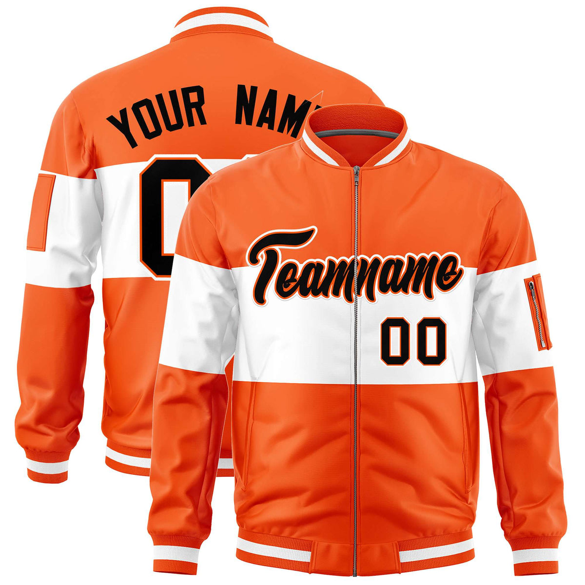Custom Orange White-Orange Varsity Full-Zip Color Block Letterman Bomber Jacket