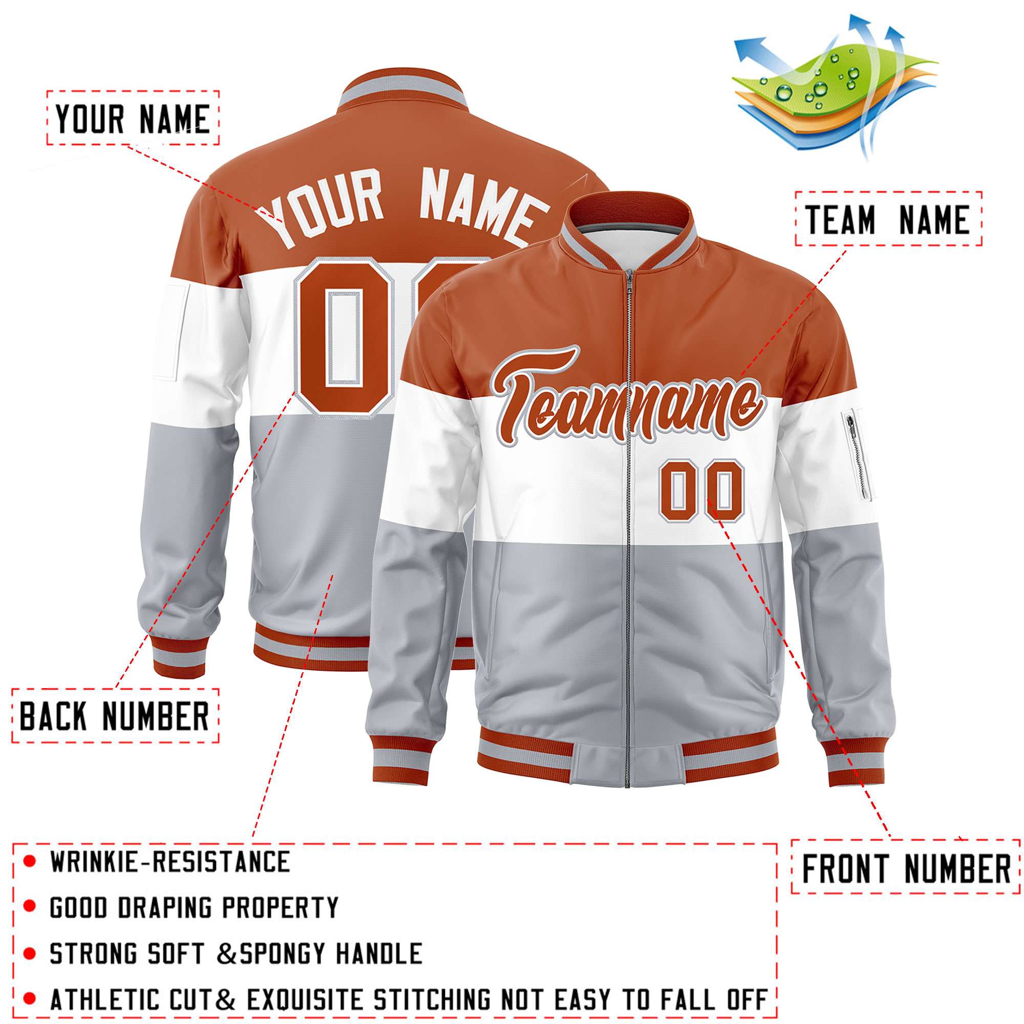 Custom Texas Orange White-Silver Varsity Full-Zip Color Block Letterman Bomber Jacket
