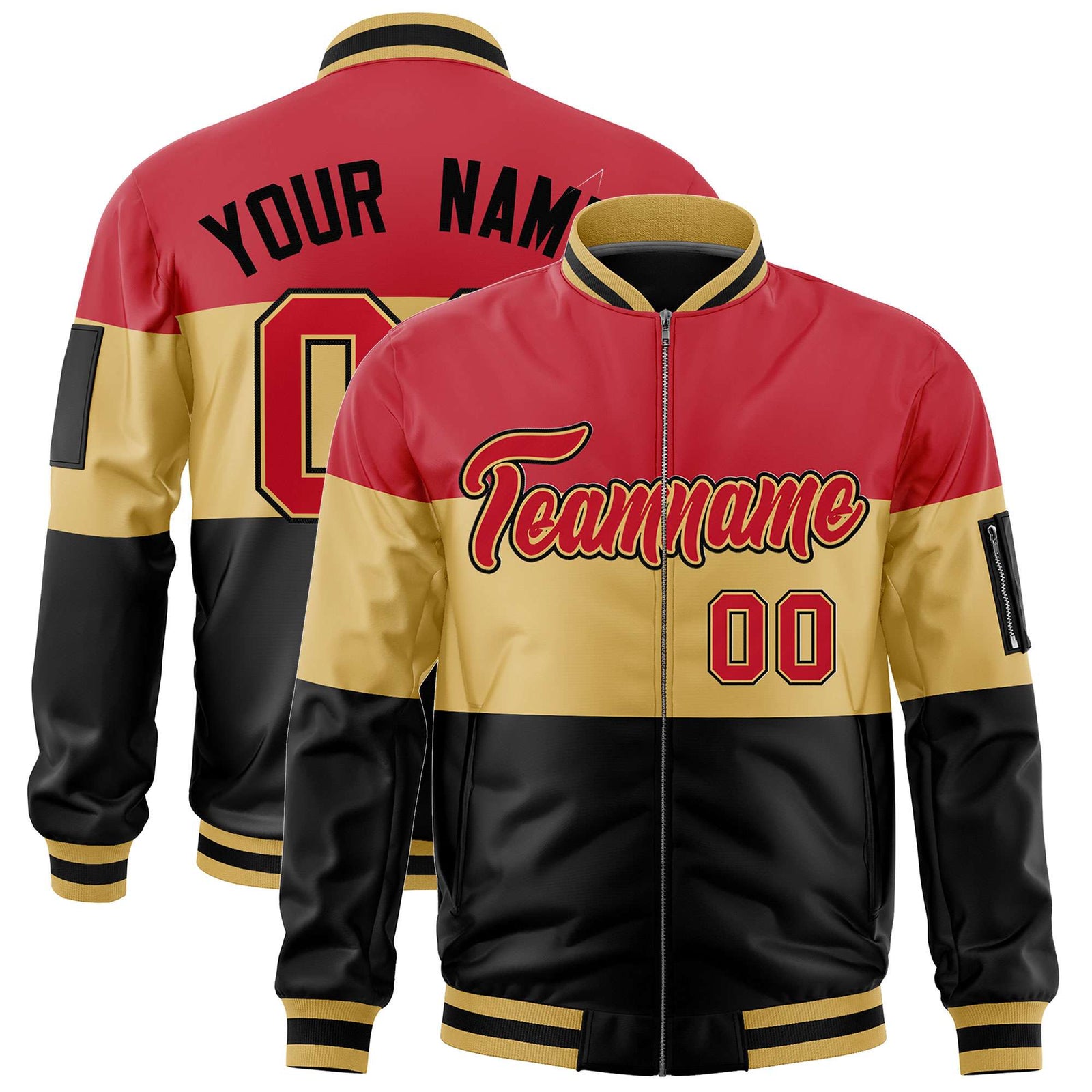 Custom Red Old Gold-Black Varsity Full-Zip Color Block Letterman Bomber Jacket