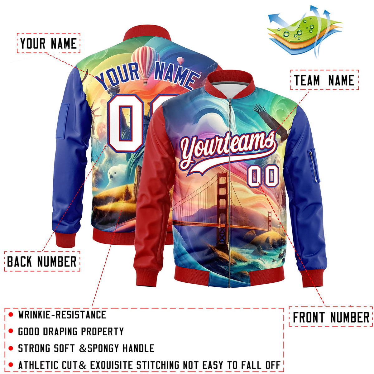 Custom Red Royal Blue White Independence Day Full Zip American Flag Wrinkle-Resistant Jacket| KXKSHOP