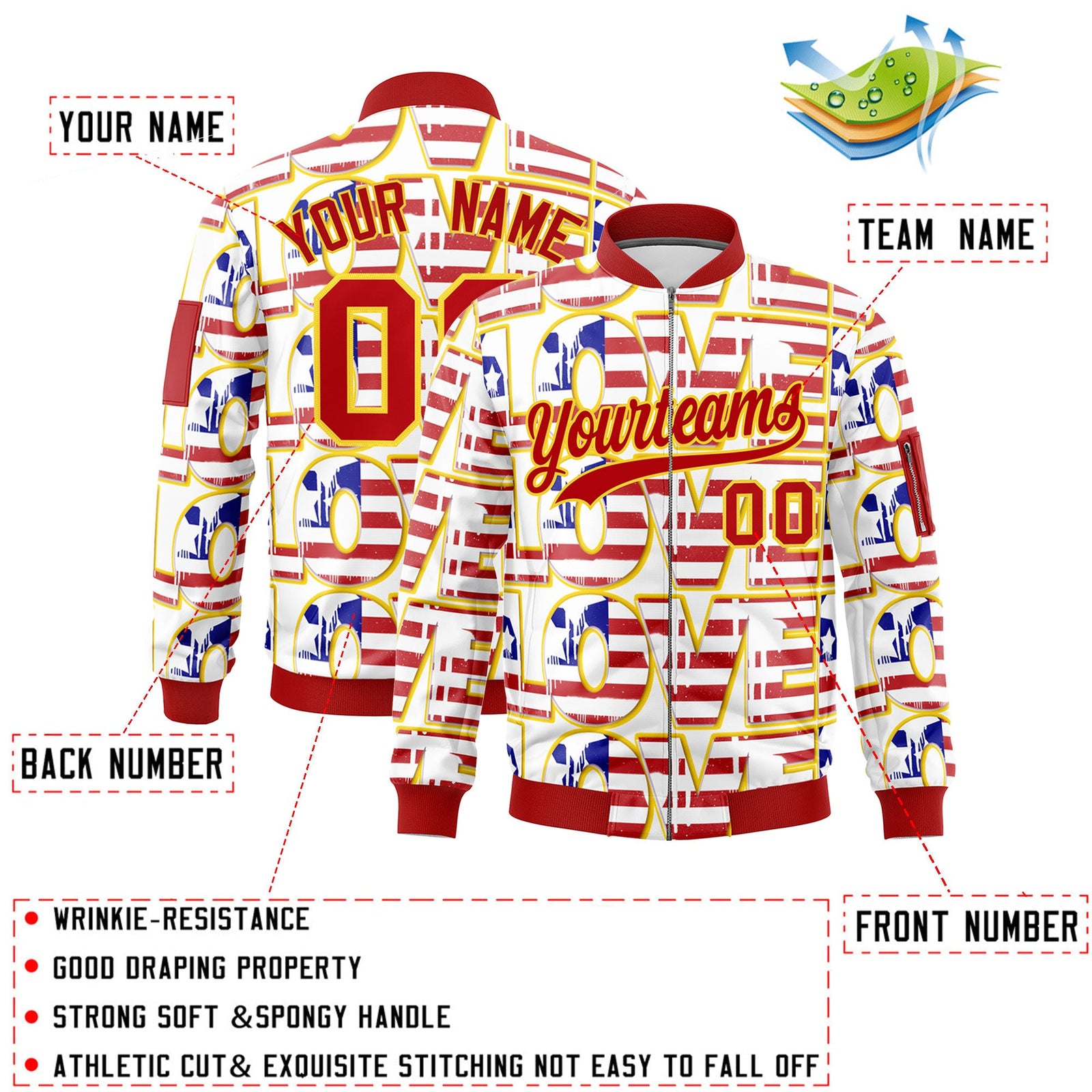 Custom White Red Gold Independence Day Full Zip American Flag Wrinkle-Resistant Jacket| KXKSHOP