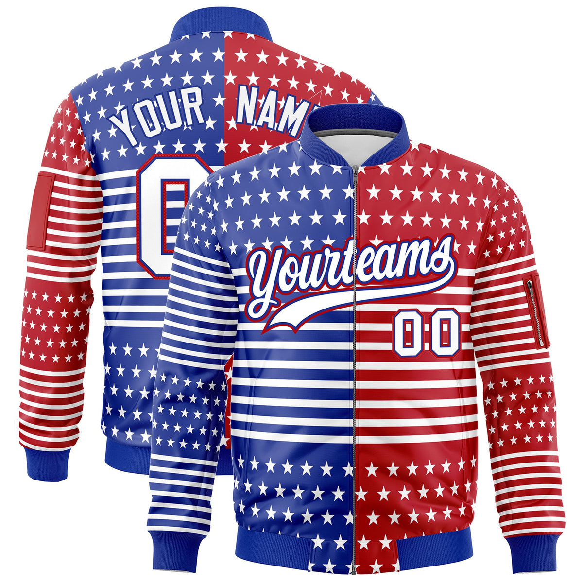 Custom Royal Blue Red White Independence Day Full Zip American Flag Wrinkle-Resistant Jacket| KXKSHOP
