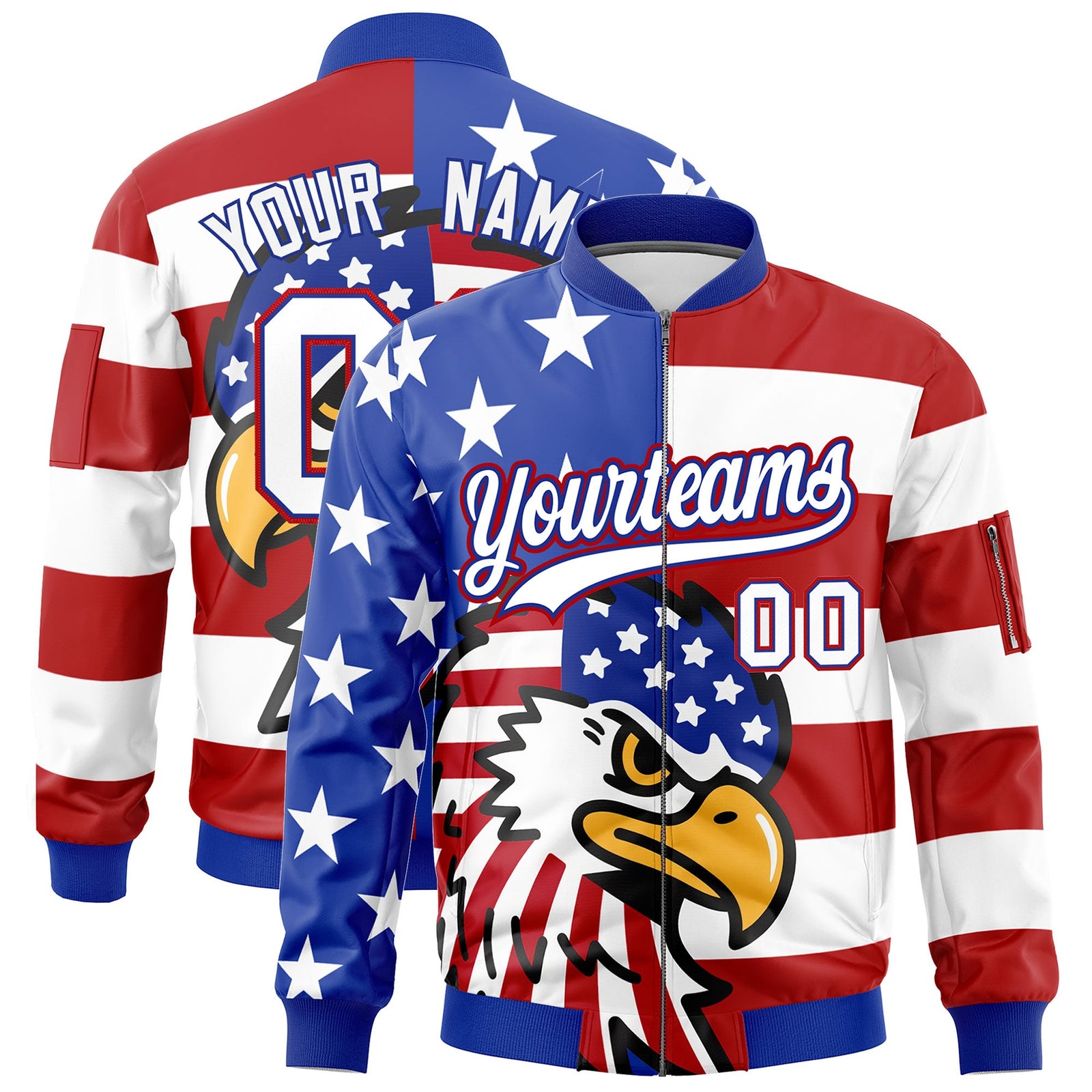 Custom Royal Blue White Red Independence Day Full Zip American Flag Wrinkle-Resistant Jacket| KXKSHOP