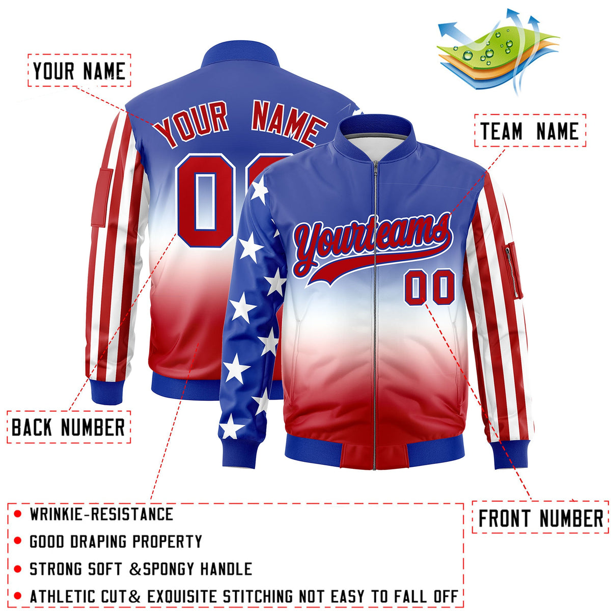 Custom Royal Blue White Red Independence Day Rising Stars Series Vertical Stripes Full Zip American Flag Stripe Fashion Wrinkle-Resistant Jacket| KXKSHOP