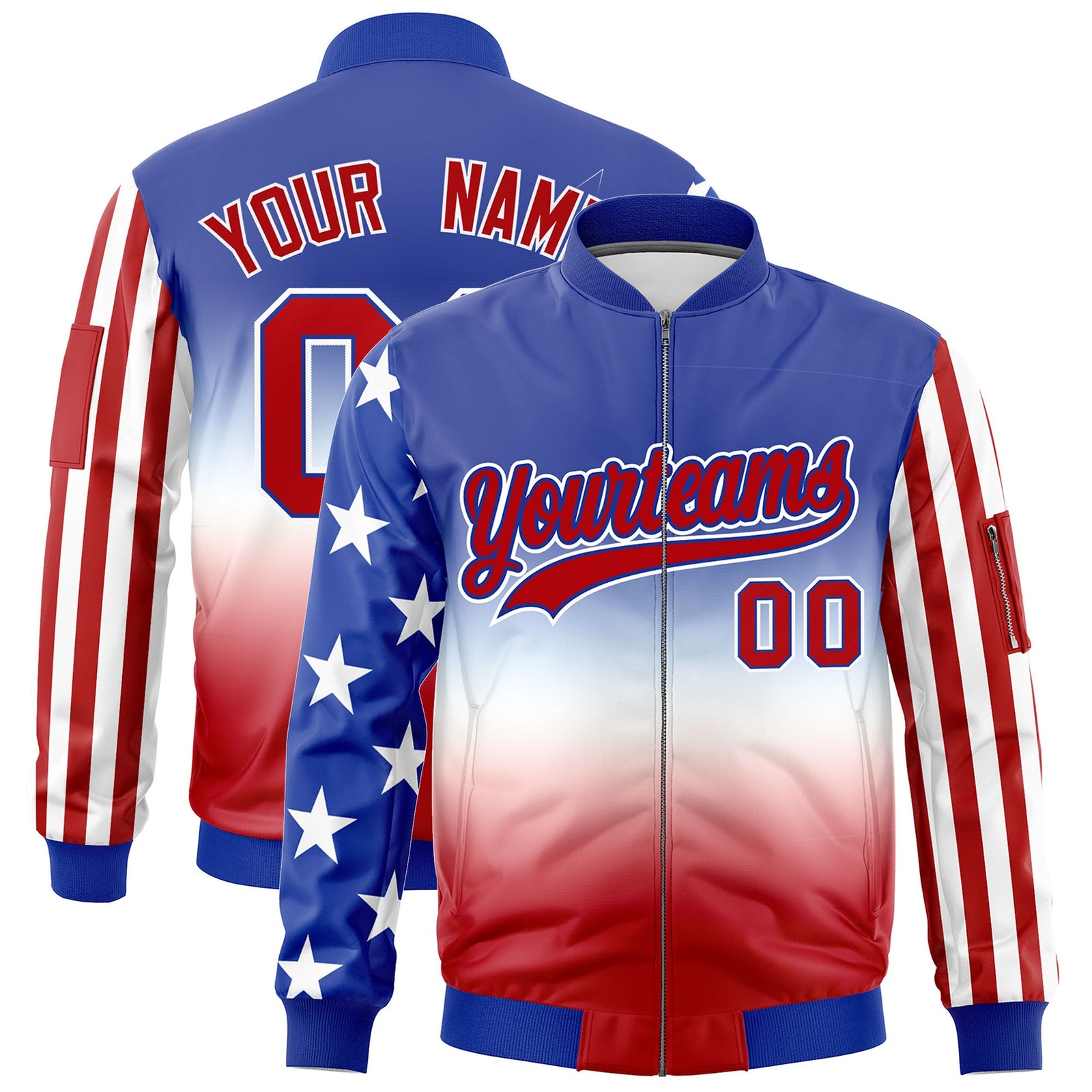 Custom Royal Blue White Red Independence Day Rising Stars Series Vertical Stripes Full Zip American Flag Stripe Fashion Wrinkle-Resistant Jacket| KXKSHOP