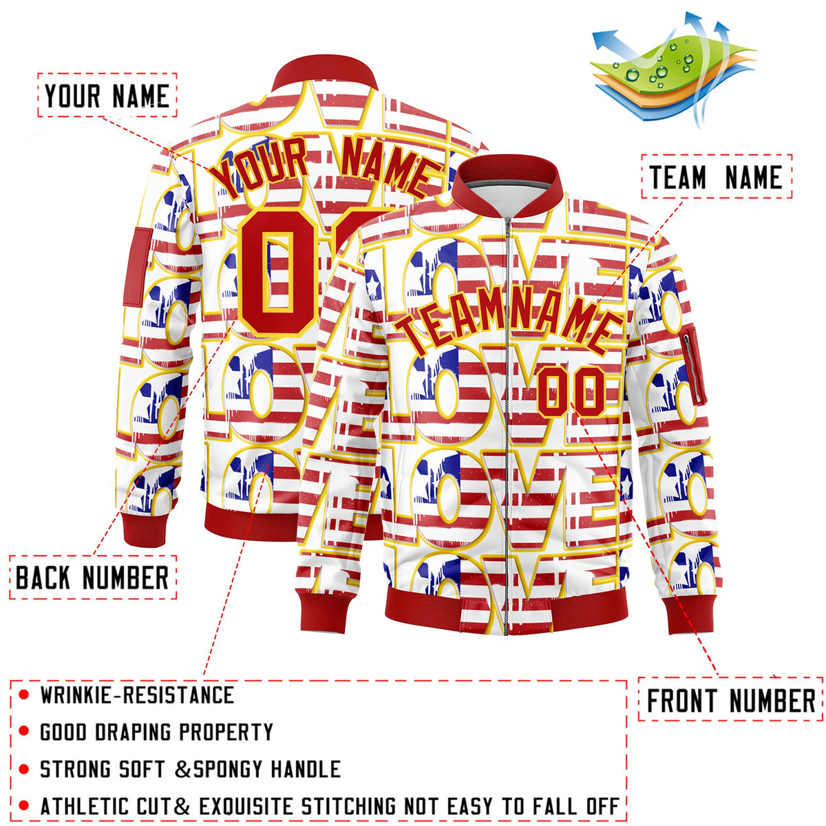 Custom White Red Gold Independence Day Full Zip American Flag Wrinkle-Resistant Jacket| KXKSHOP