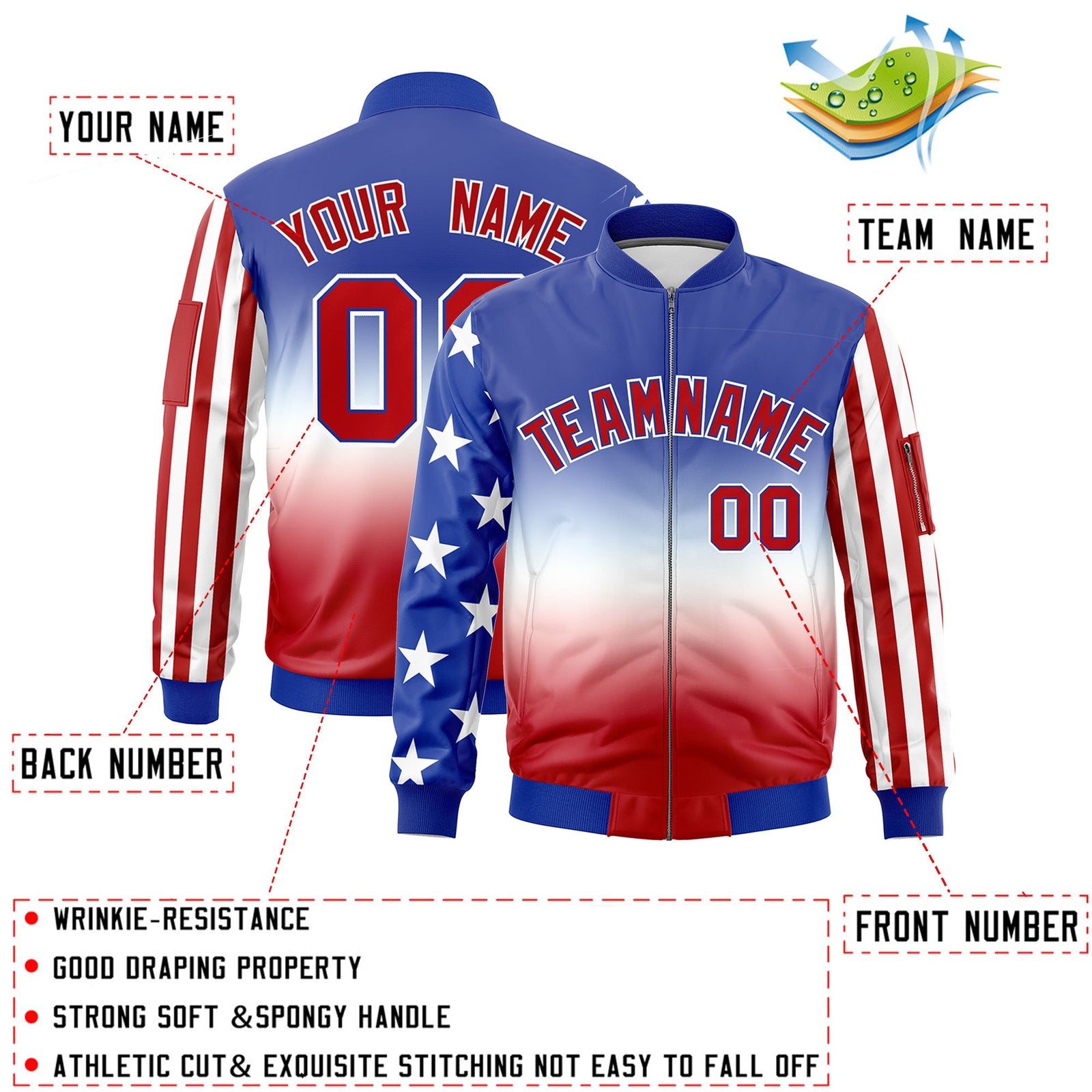 Custom Royal Blue White Red Independence Day Rising Stars Series Vertical Stripes Full Zip American Flag Stripe Fashion Wrinkle-Resistant Jacket| KXKSHOP