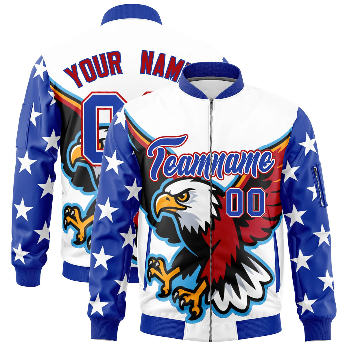 Custom White Royal Blue Red Independence Day Full Zip American Flag Wrinkle-Resistant Jacket| KXKSHOP