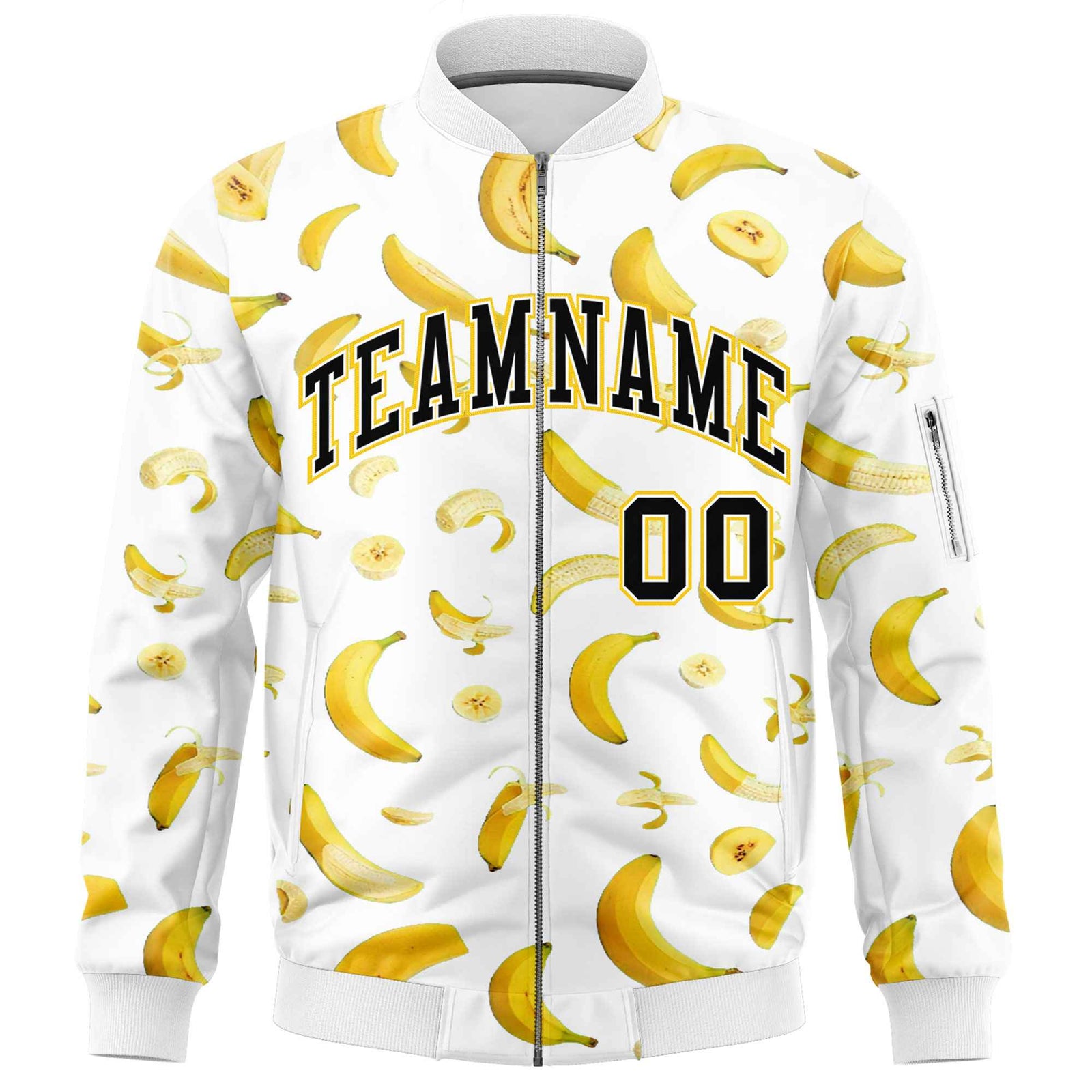 Custom White Varsity Full-Zip Banana Pattern Letterman Bomber Jacket | Graffiti Pattern | Embroidery&Dye-sublimation printing | KXKSHOP