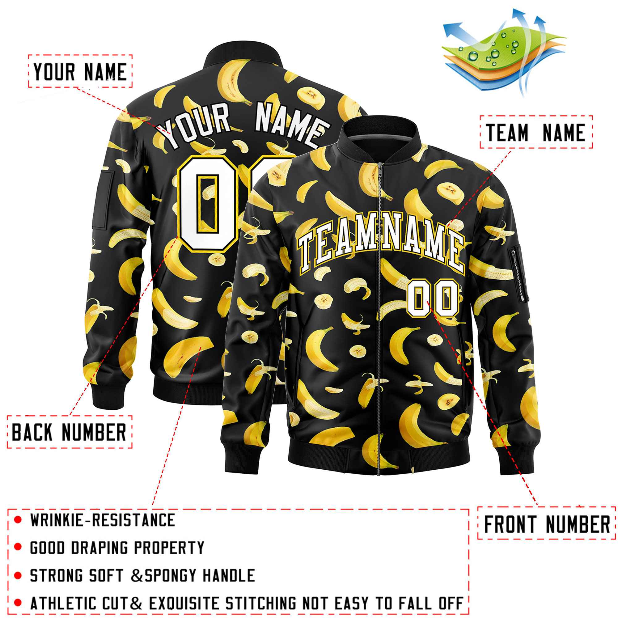 Custom Black Varsity Full-Zip Banana Pattern Letterman Bomber Jacket | Graffiti Pattern | Embroidery&Dye-sublimation printing | KXKSHOP