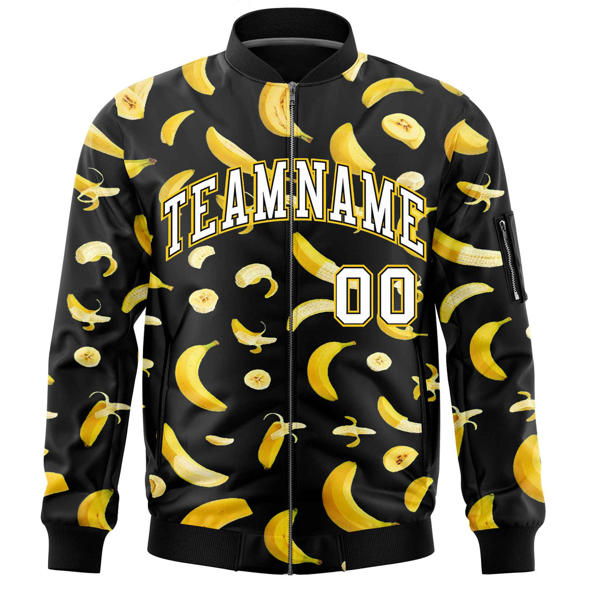 Custom Black Varsity Full-Zip Banana Pattern Letterman Bomber Jacket | Graffiti Pattern | Embroidery&amp;Dye-sublimation printing | KXKSHOP