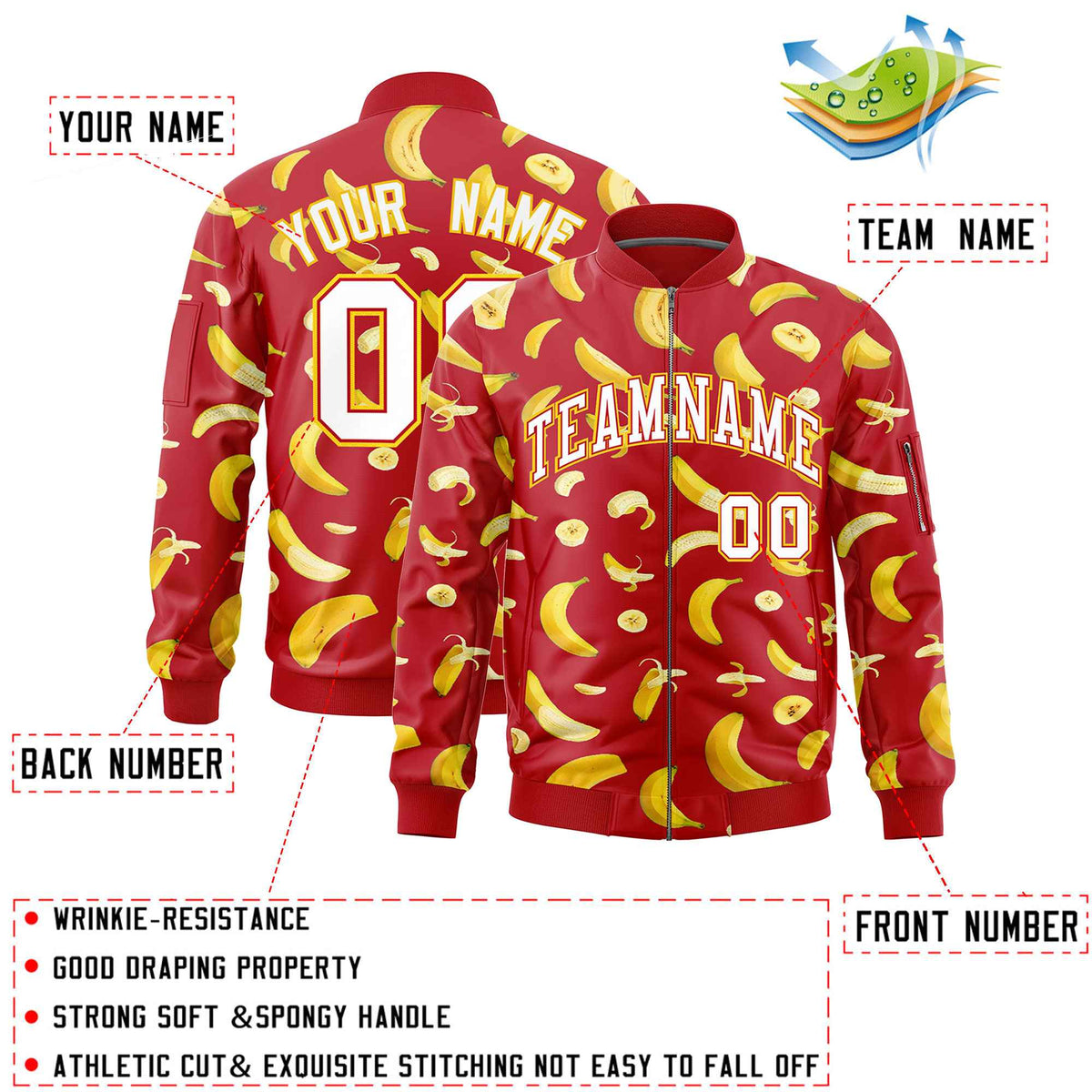 Custom Red Varsity Full-Zip Banana Pattern Letterman Bomber Jacket | Graffiti Pattern | Embroidery&amp;Dye-sublimation printing | KXKSHOP