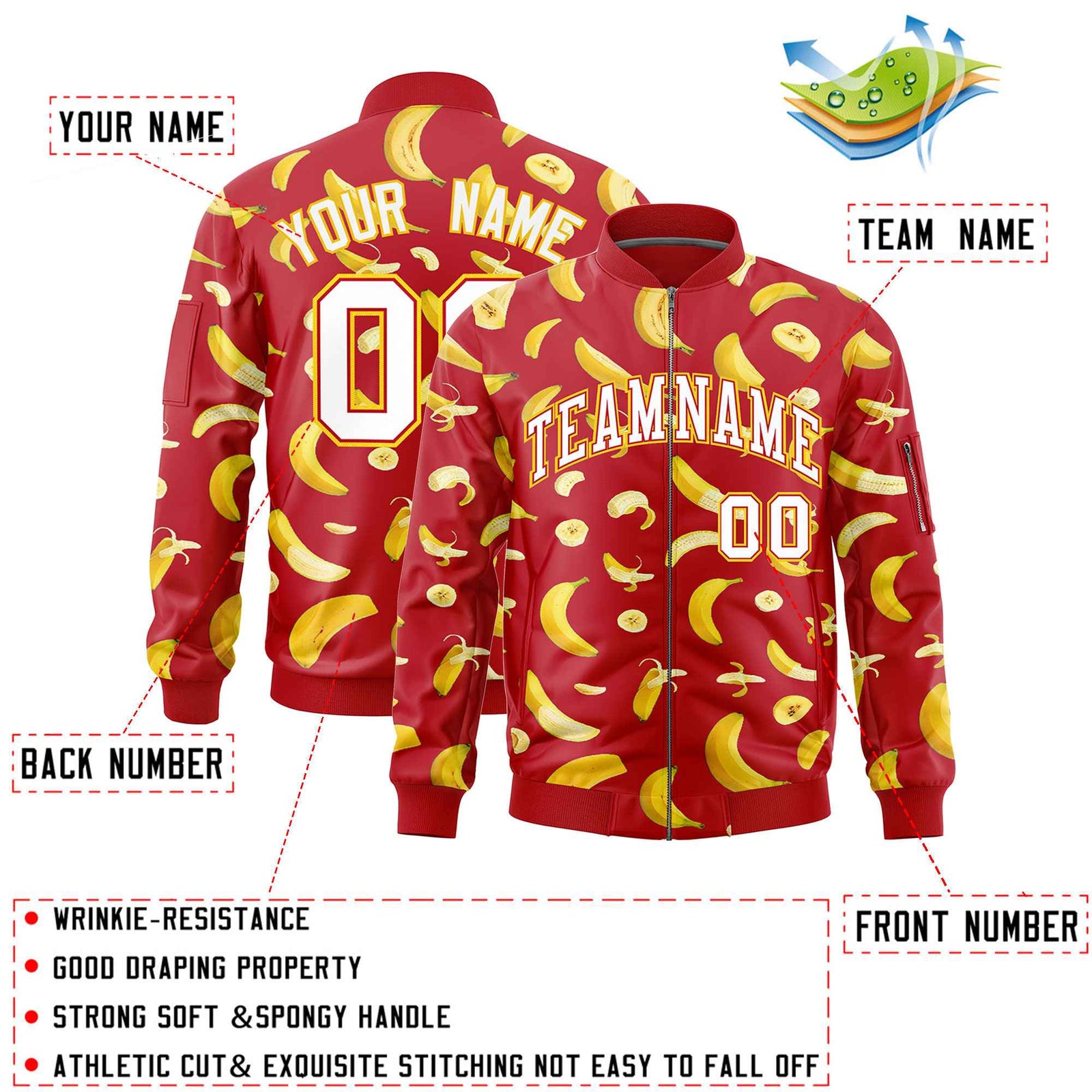 Custom Red Varsity Full-Zip Banana Pattern Letterman Bomber Jacket | Graffiti Pattern | Embroidery&Dye-sublimation printing | KXKSHOP