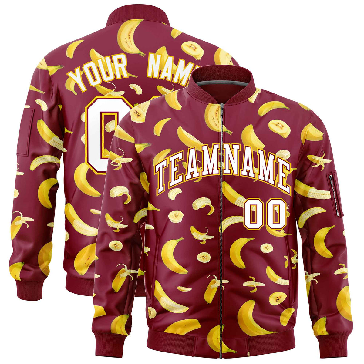 Custom Crimson Varsity Full-Zip Banana Pattern Letterman Bomber Jacket | Graffiti Pattern | Embroidery&amp;Dye-sublimation printing | KXKSHOP