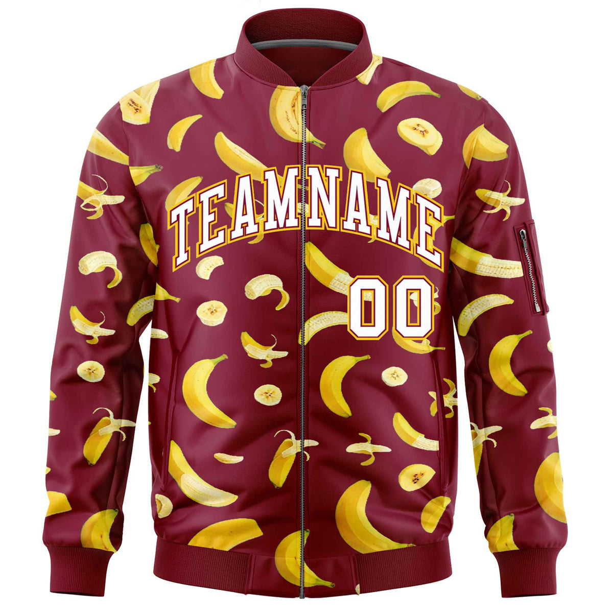 Custom Crimson Varsity Full-Zip Banana Pattern Letterman Bomber Jacket | Graffiti Pattern | Embroidery&amp;Dye-sublimation printing | KXKSHOP
