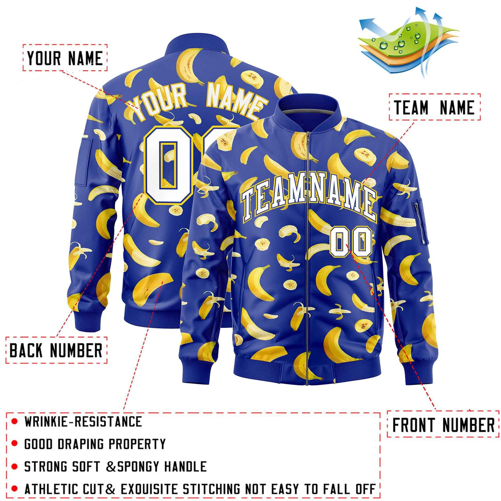 Custom Royal Blue Varsity Full-Zip Banana Pattern Letterman Bomber Jacket | Graffiti Pattern | Embroidery&Dye-sublimation printing | KXKSHOP