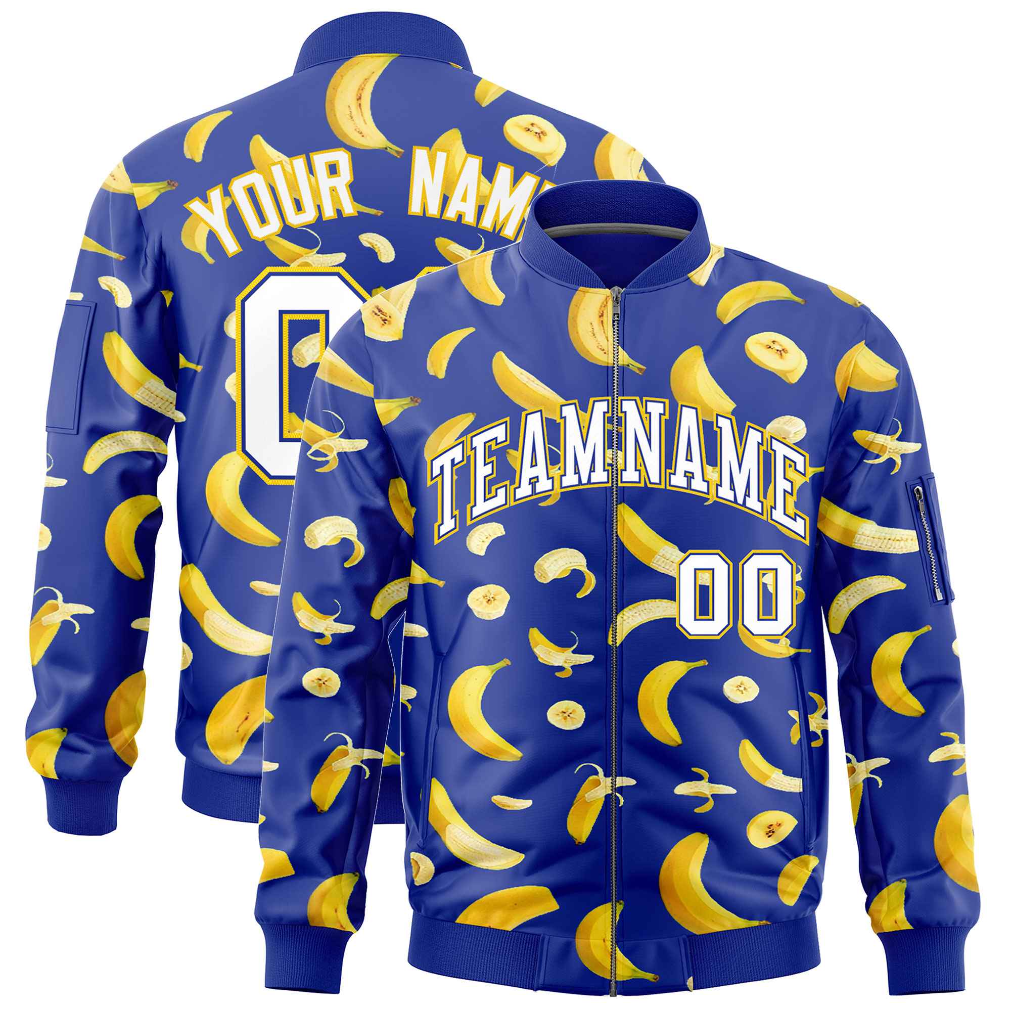 Custom Royal Blue Varsity Full-Zip Banana Pattern Letterman Bomber Jacket | Graffiti Pattern | Embroidery&Dye-sublimation printing | KXKSHOP