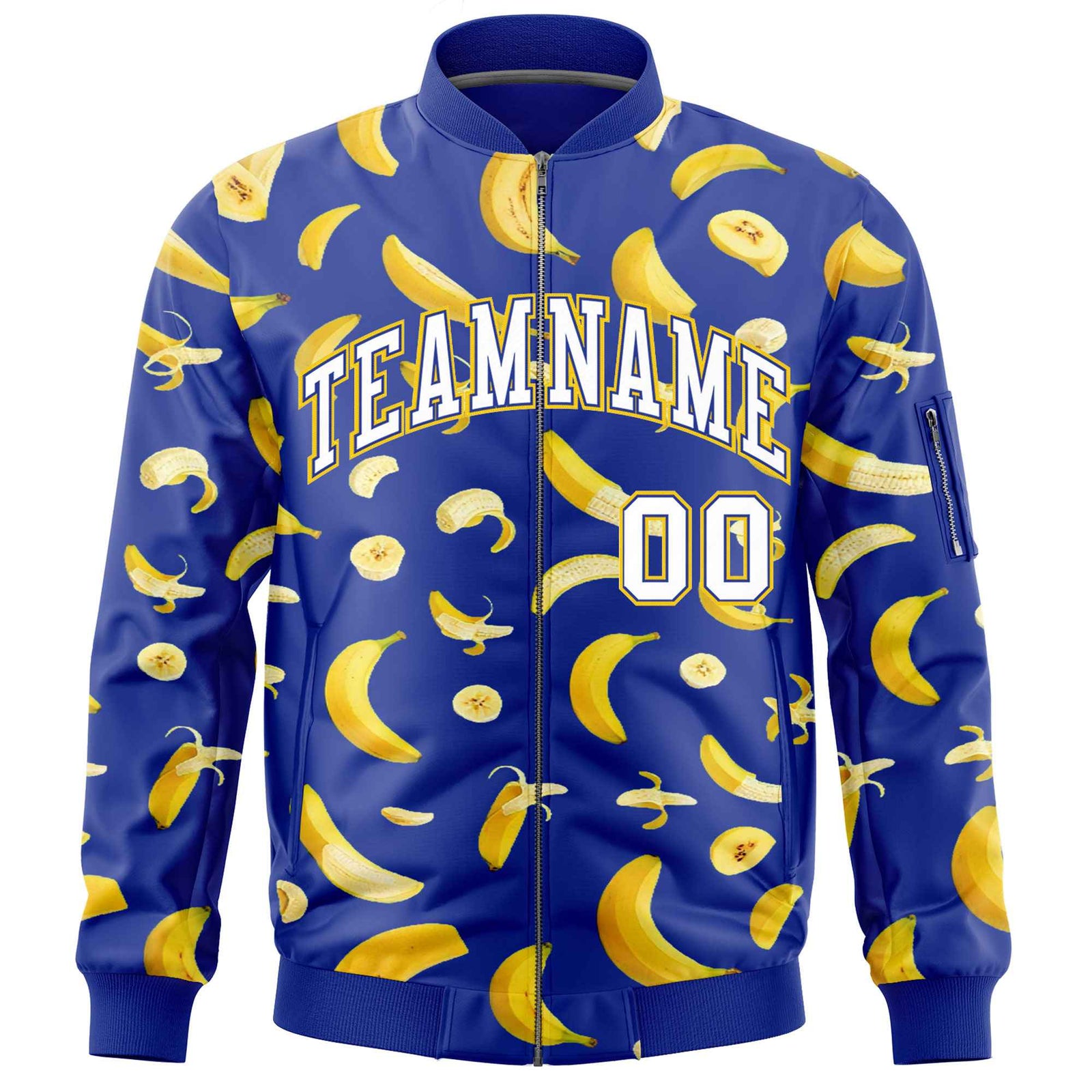 Custom Royal Blue Varsity Full-Zip Banana Pattern Letterman Bomber Jacket | Graffiti Pattern | Embroidery&Dye-sublimation printing | KXKSHOP