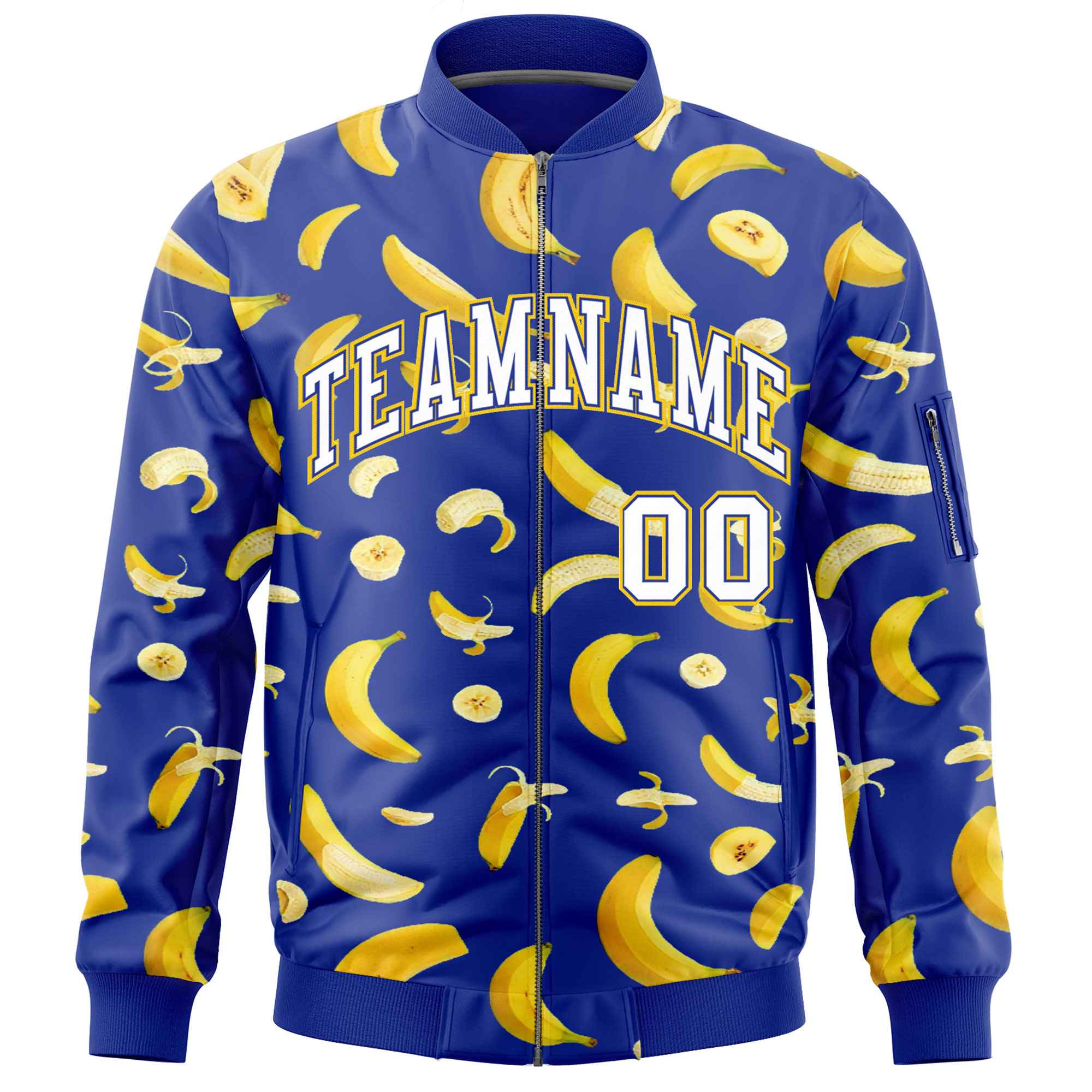Custom Royal Blue Varsity Full-Zip Banana Pattern Letterman Bomber Jacket | Graffiti Pattern | Embroidery&Dye-sublimation printing | KXKSHOP