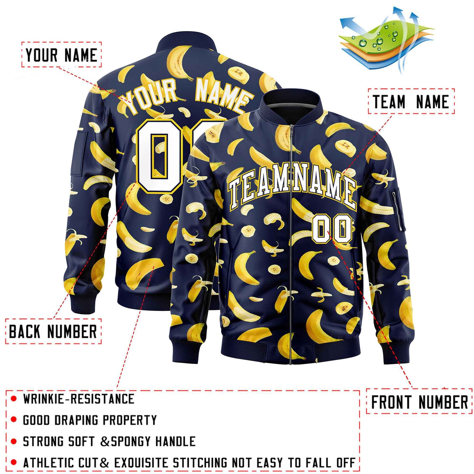Custom Navy Varsity Full-Zip Banana Pattern Letterman Bomber Jacket | Graffiti Pattern | Embroidery&Dye-sublimation printing | KXKSHOP