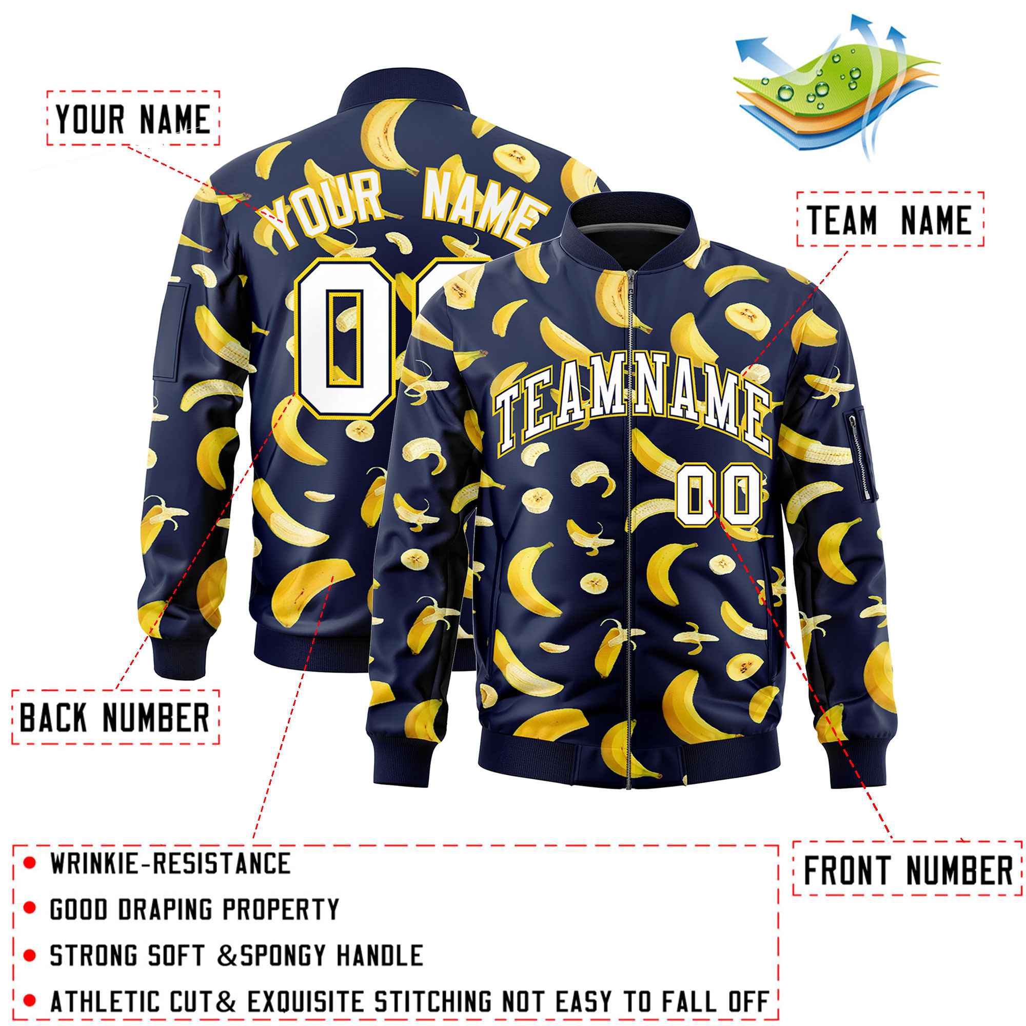 Custom Navy Varsity Full-Zip Banana Pattern Letterman Bomber Jacket | Graffiti Pattern | Embroidery&Dye-sublimation printing | KXKSHOP