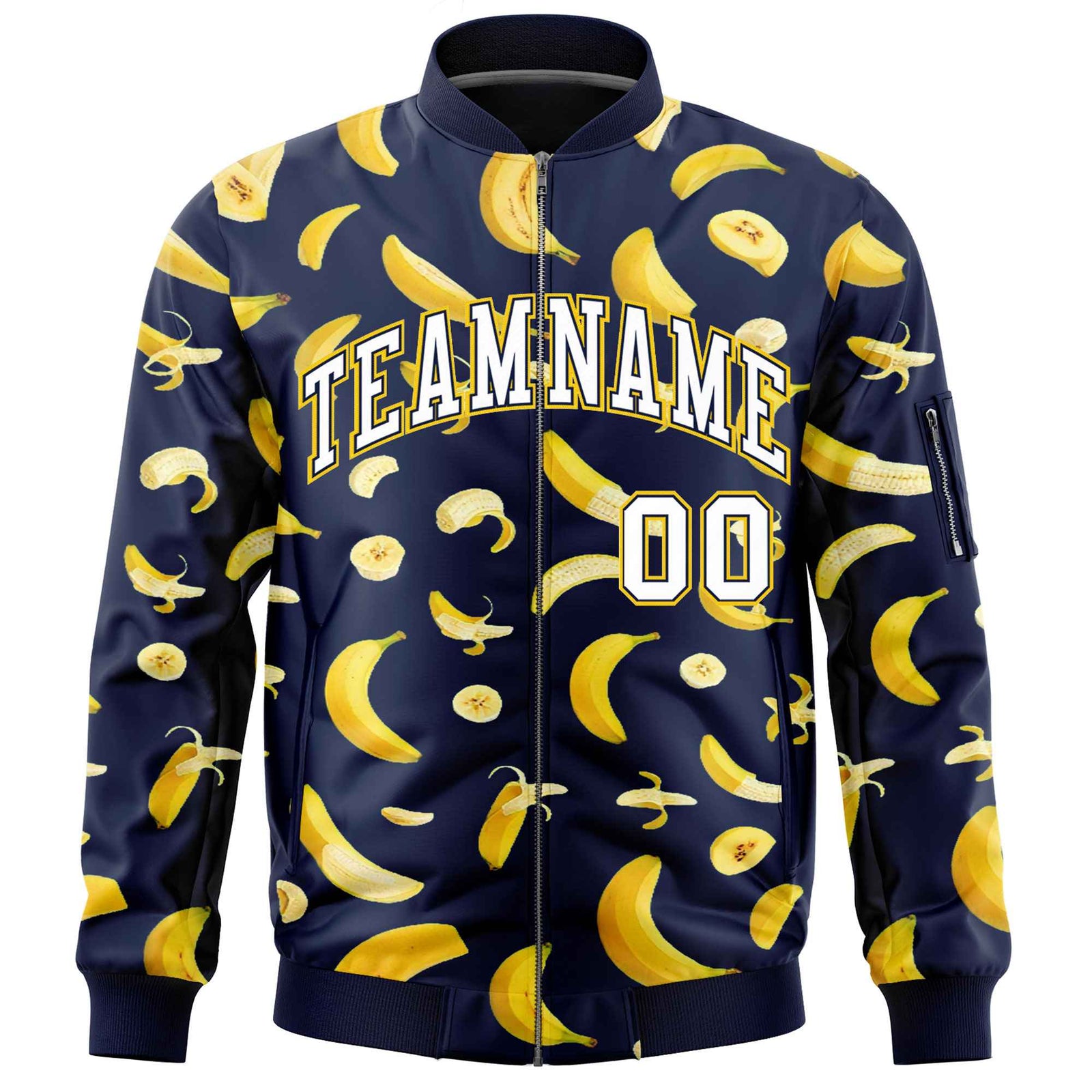 Custom Navy Varsity Full-Zip Banana Pattern Letterman Bomber Jacket | Graffiti Pattern | Embroidery&Dye-sublimation printing | KXKSHOP