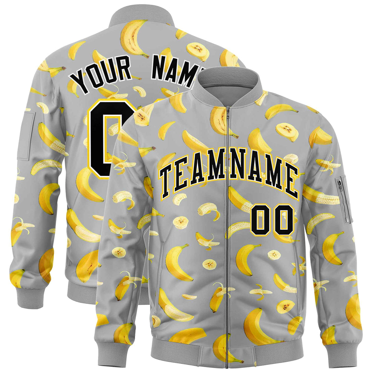 Custom Gray Varsity Full-Zip Banana Pattern Letterman Bomber Jacket | Graffiti Pattern | Embroidery&amp;Dye-sublimation printing | KXKSHOP