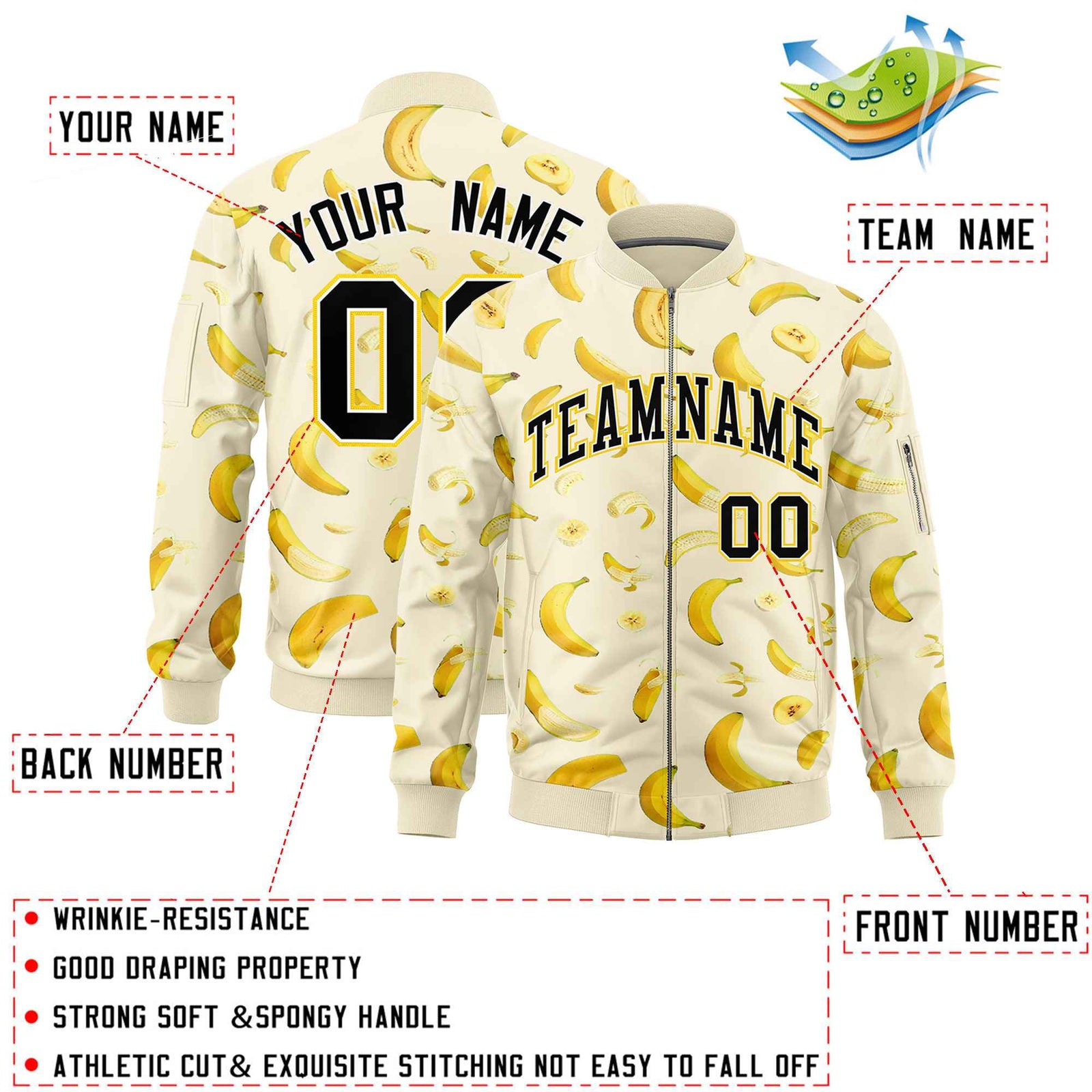 Custom Cream Varsity Full-Zip Banana Pattern Letterman Bomber Jacket | Graffiti Pattern | Embroidery&Dye-sublimation printing | KXKSHOP