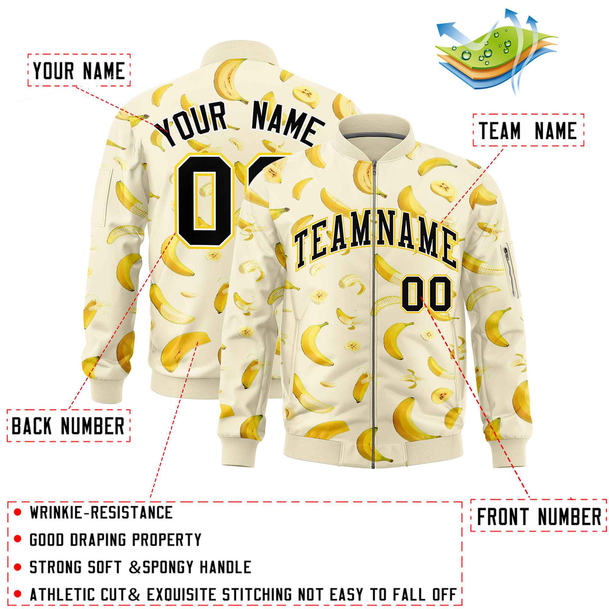 Custom Cream Varsity Full-Zip Banana Pattern Letterman Bomber Jacket | Graffiti Pattern | Embroidery&Dye-sublimation printing | KXKSHOP
