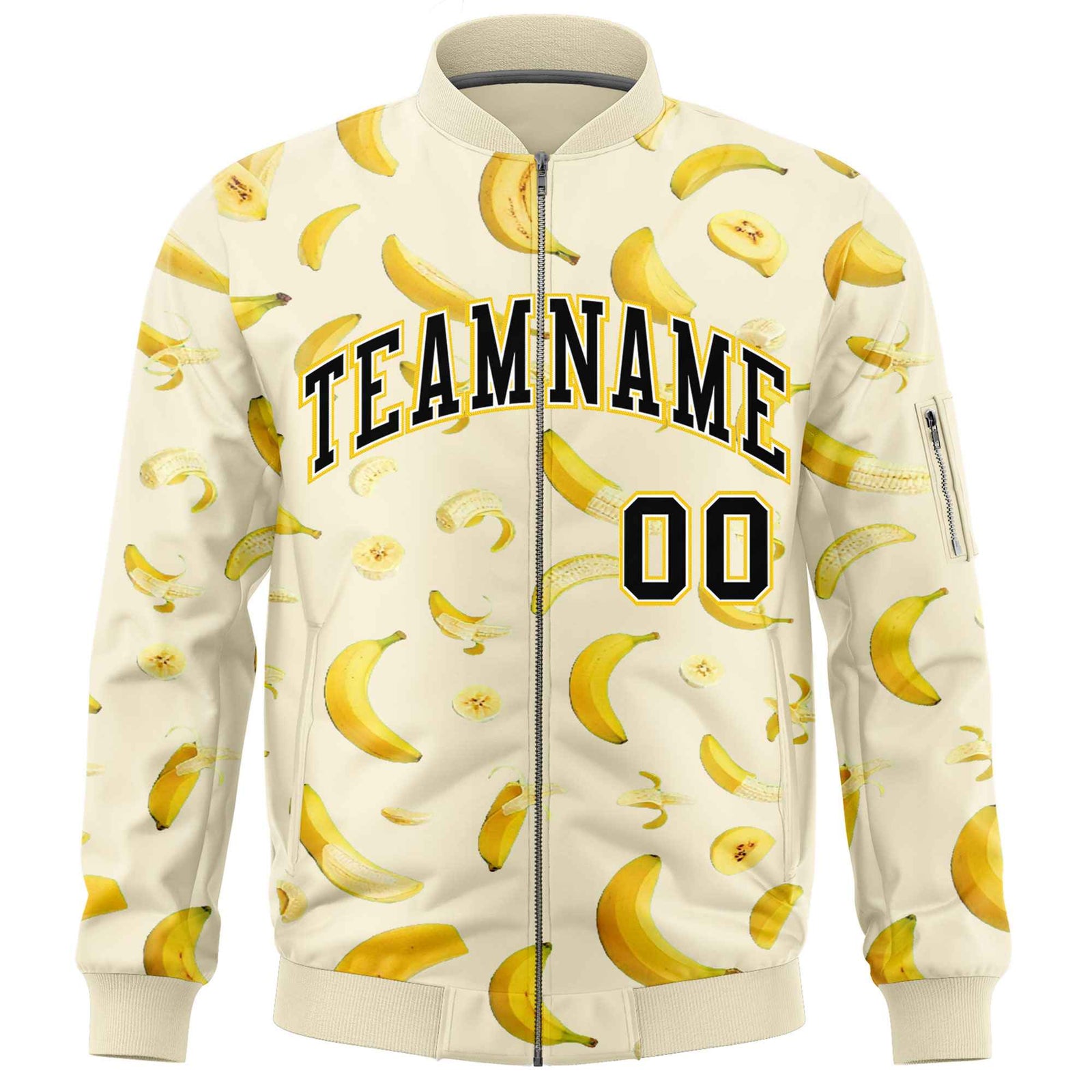 Custom Cream Varsity Full-Zip Banana Pattern Letterman Bomber Jacket | Graffiti Pattern | Embroidery&Dye-sublimation printing | KXKSHOP