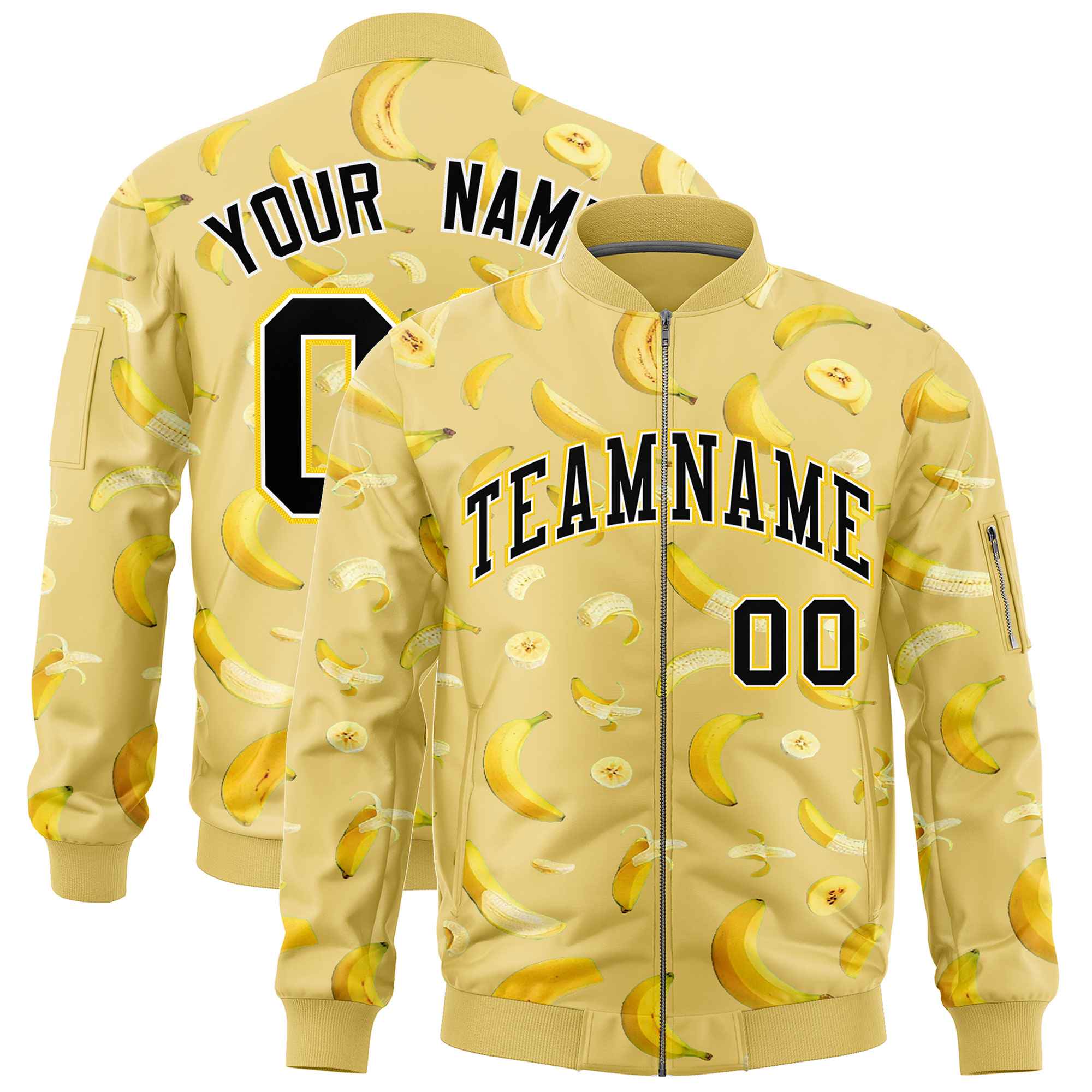 Custom Old Gold Varsity Full-Zip Banana Pattern Letterman Bomber Jacket | Graffiti Pattern | Embroidery&Dye-sublimation printing | KXKSHOP