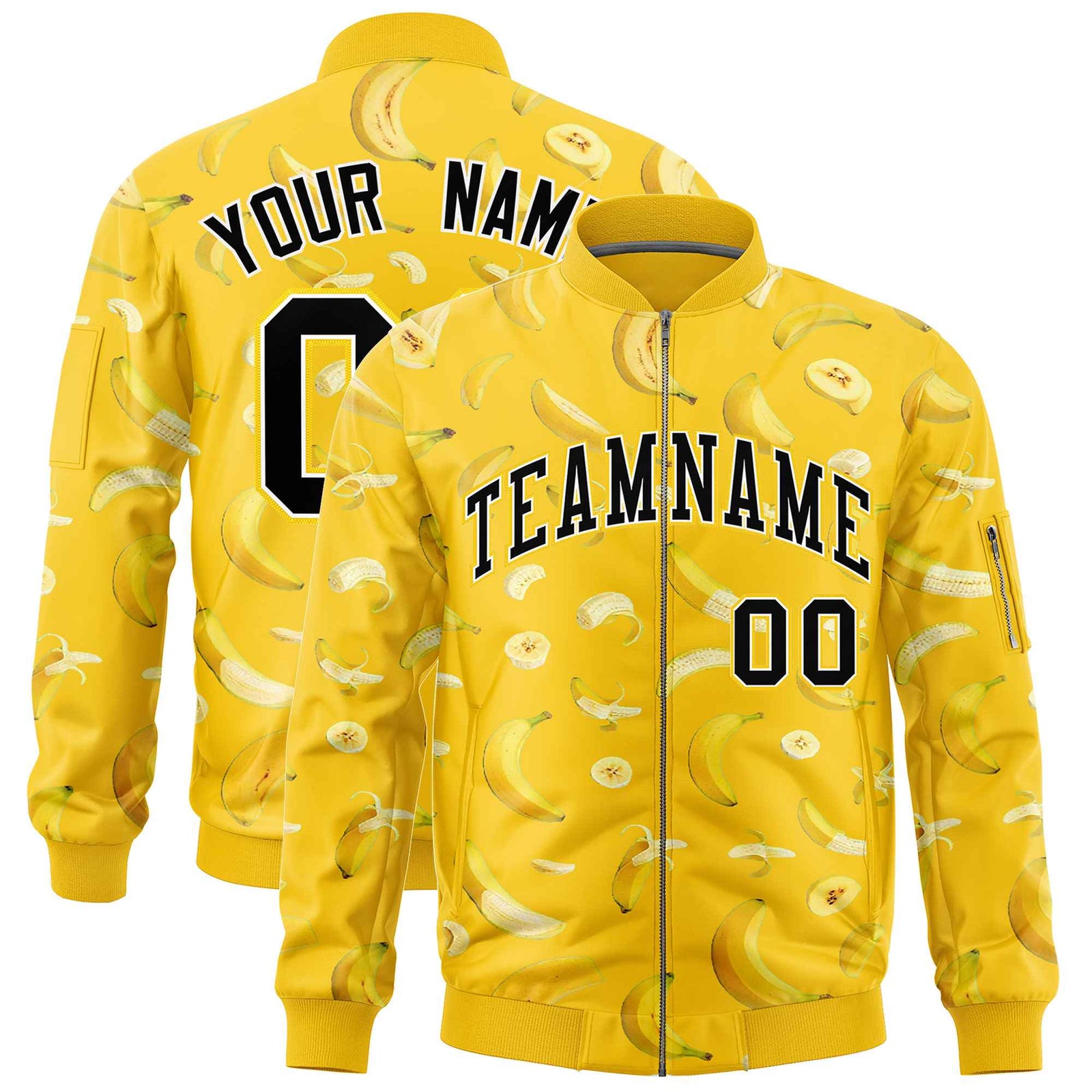 Custom Gold Varsity Full-Zip Banana Pattern Letterman Bomber Jacket | Graffiti Pattern | Embroidery&Dye-sublimation printing | KXKSHOP