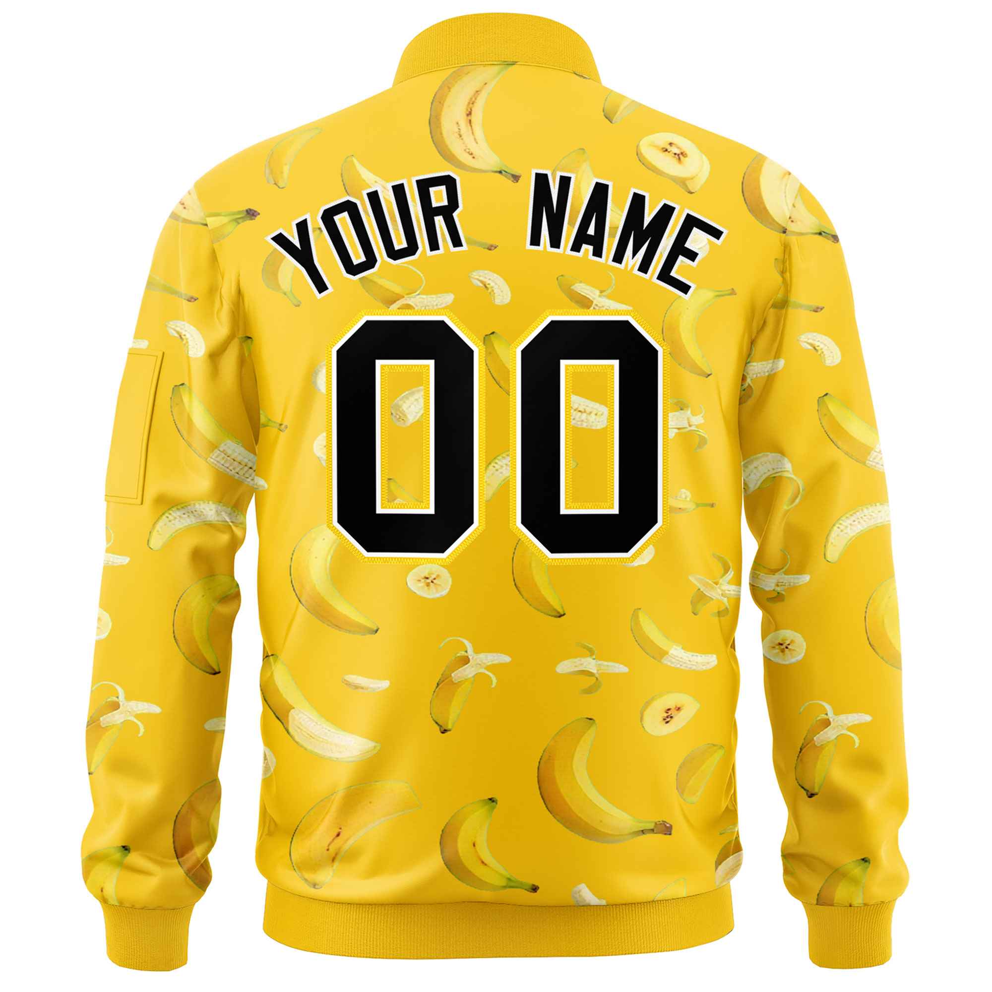Custom Gold Varsity Full-Zip Banana Pattern Letterman Bomber Jacket | Graffiti Pattern | Embroidery&Dye-sublimation printing | KXKSHOP