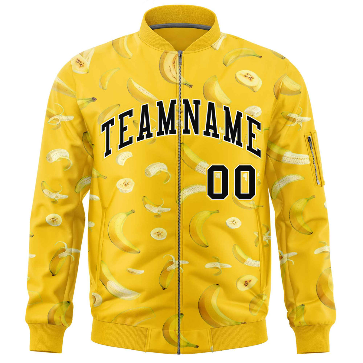 Custom Gold Varsity Full-Zip Banana Pattern Letterman Bomber Jacket | Graffiti Pattern | Embroidery&amp;Dye-sublimation printing | KXKSHOP