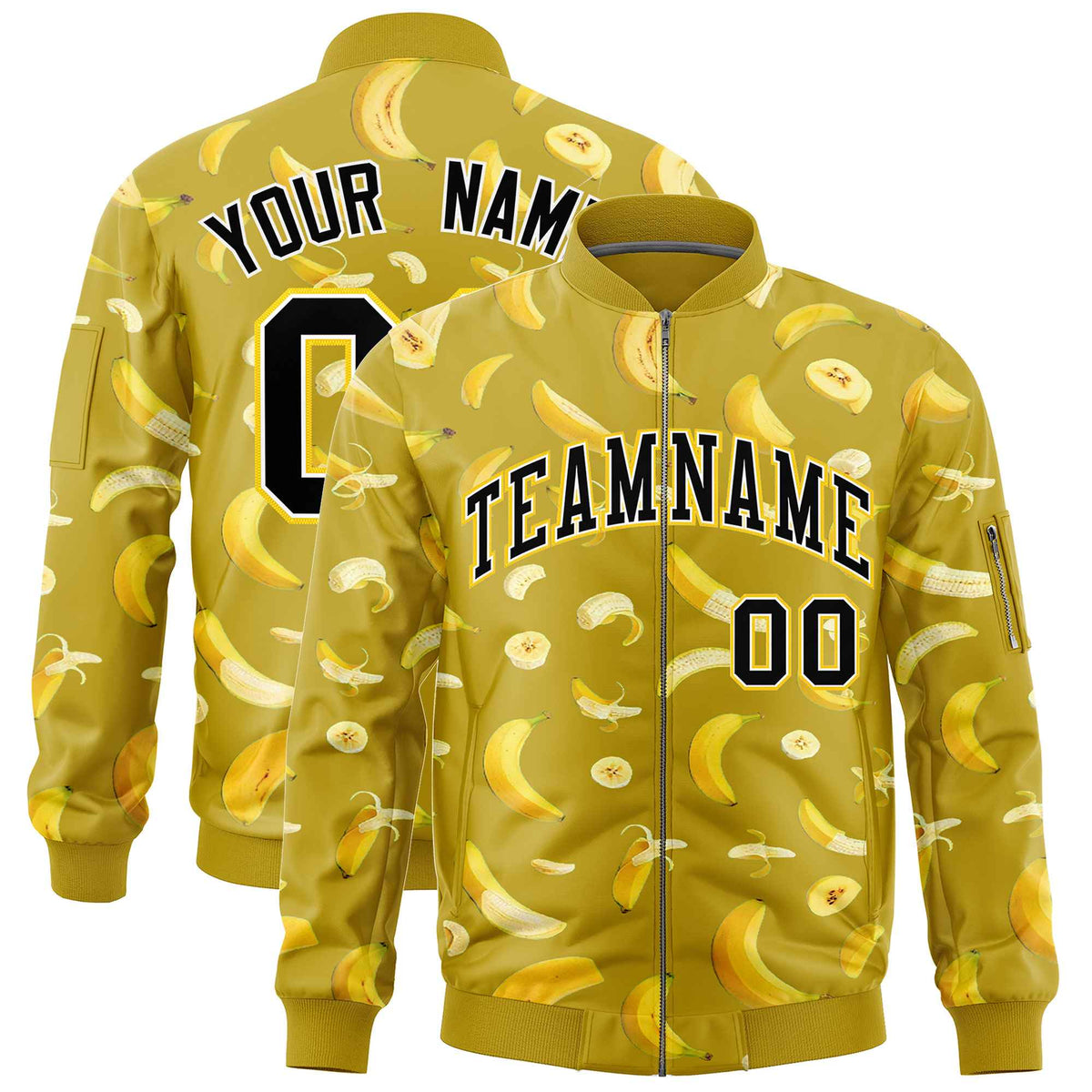 Custom Old Gold Varsity Full-Zip Banana Pattern Letterman Bomber Jacket | Graffiti Pattern | Embroidery&amp;Dye-sublimation printing | KXKSHOP