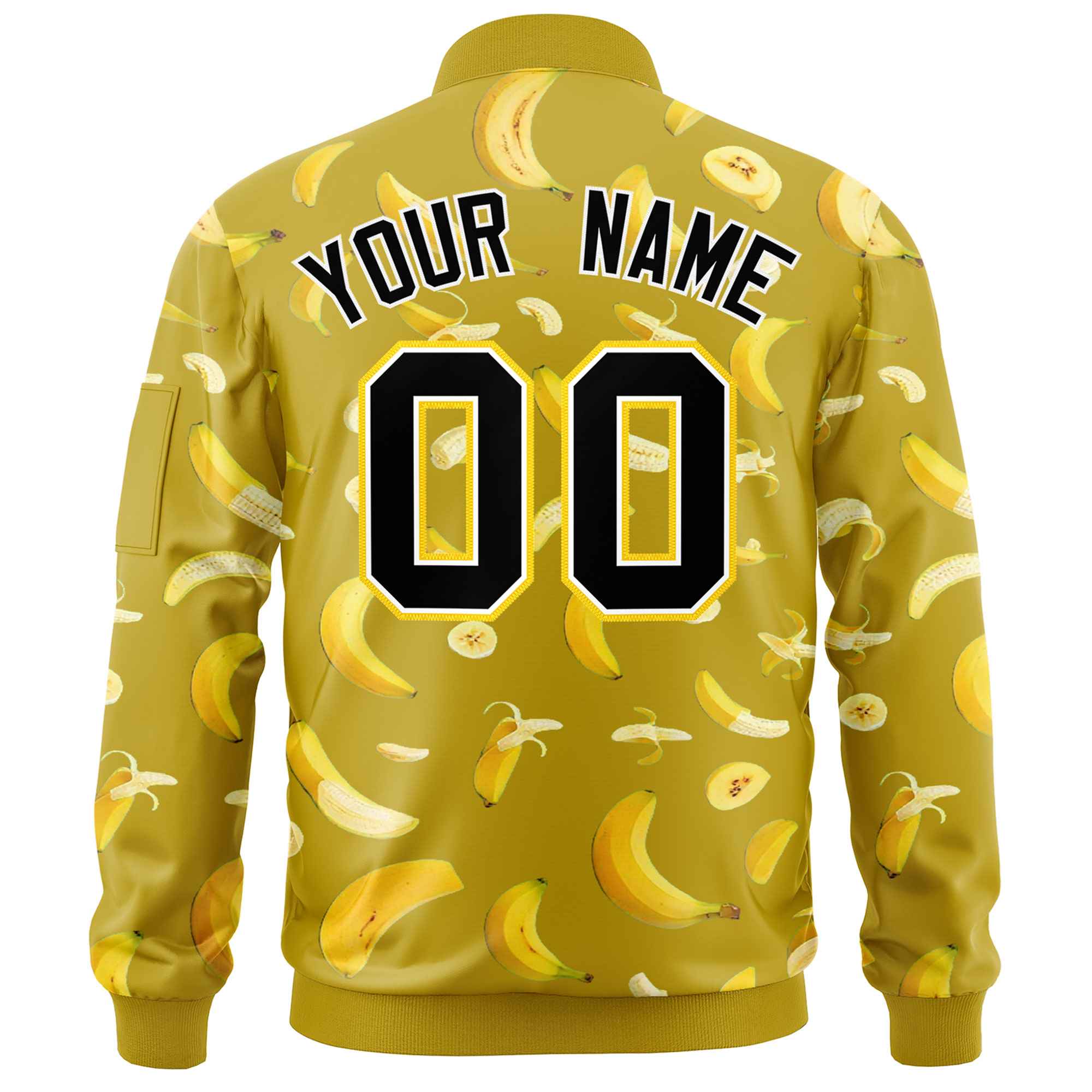 Custom Old Gold Varsity Full-Zip Banana Pattern Letterman Bomber Jacket | Graffiti Pattern | Embroidery&Dye-sublimation printing | KXKSHOP