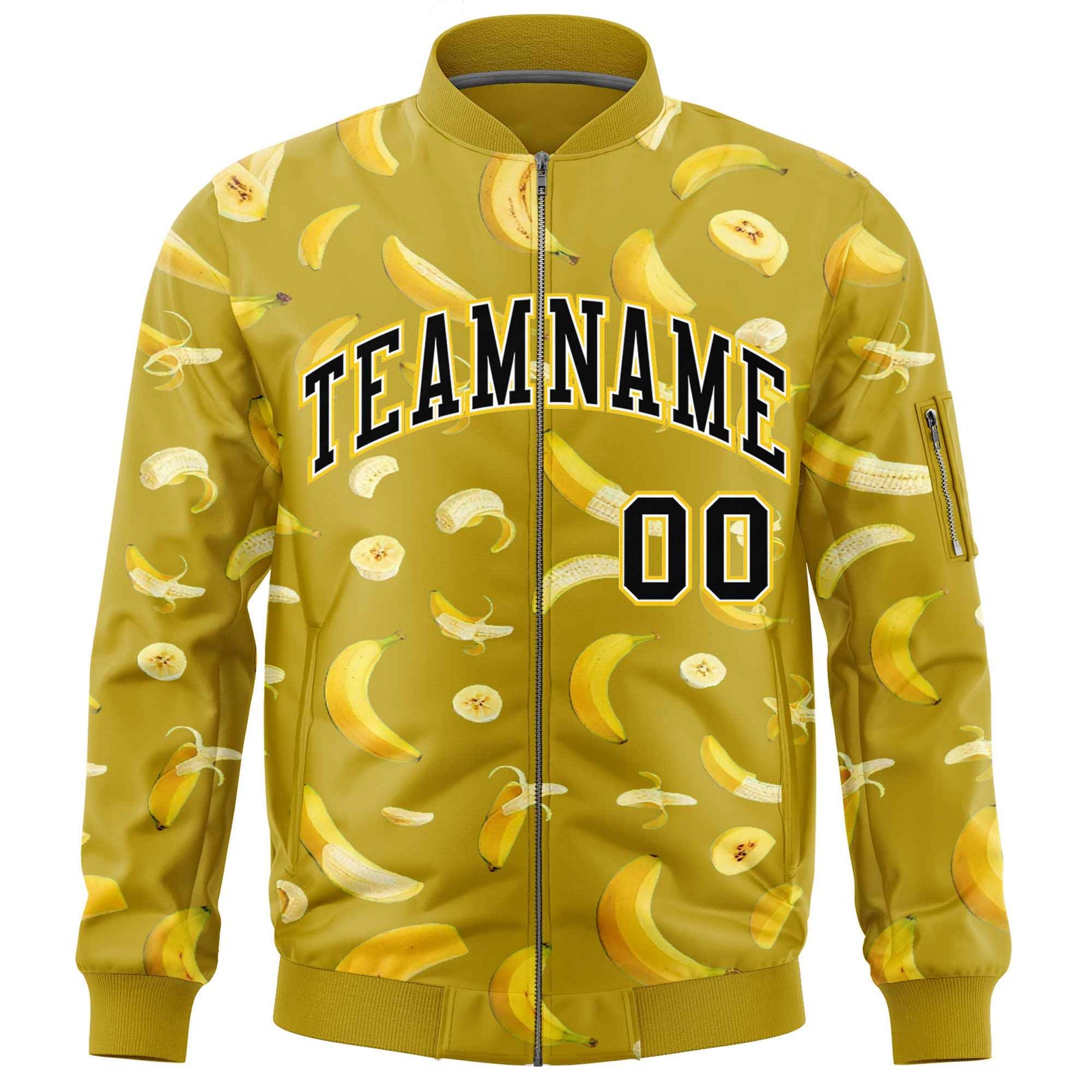 Custom Old Gold Varsity Full-Zip Banana Pattern Letterman Bomber Jacket | Graffiti Pattern | Embroidery&Dye-sublimation printing | KXKSHOP