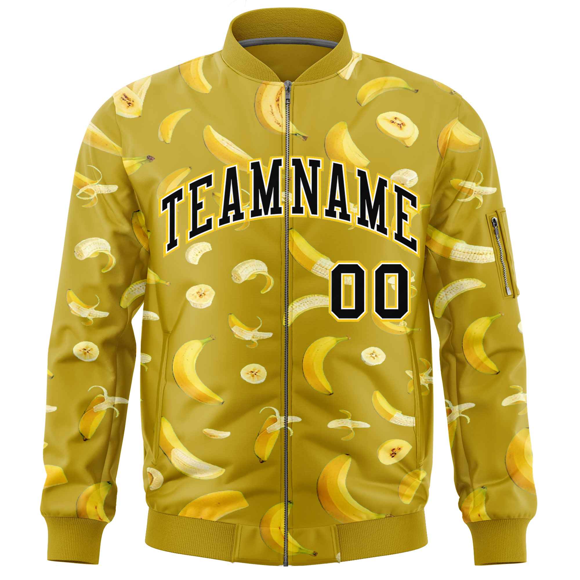 Custom Old Gold Varsity Full-Zip Banana Pattern Letterman Bomber Jacket | Graffiti Pattern | Embroidery&Dye-sublimation printing | KXKSHOP