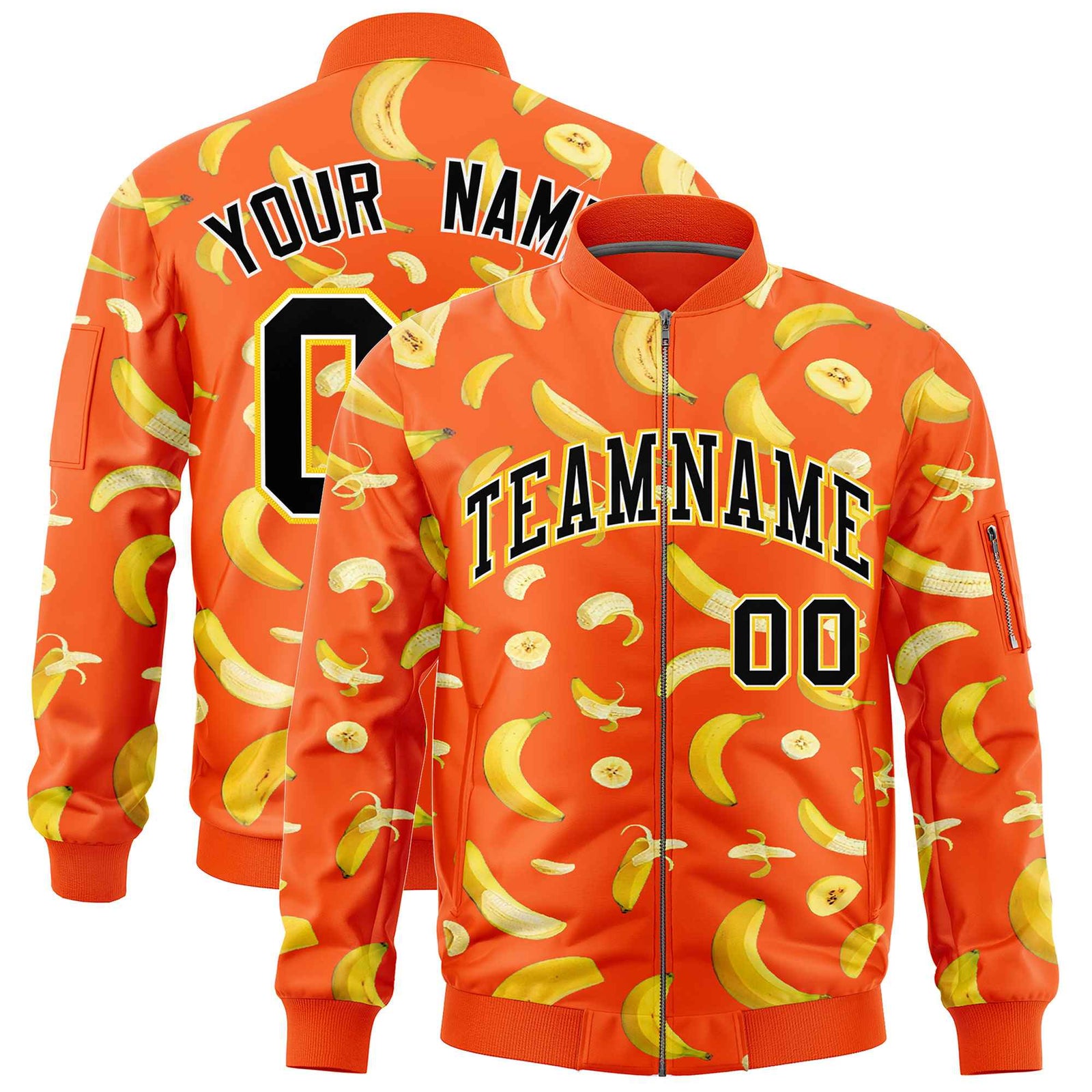 Custom Orange Varsity Full-Zip Banana Pattern Letterman Bomber Jacket | Graffiti Pattern | Embroidery&Dye-sublimation printing | KXKSHOP