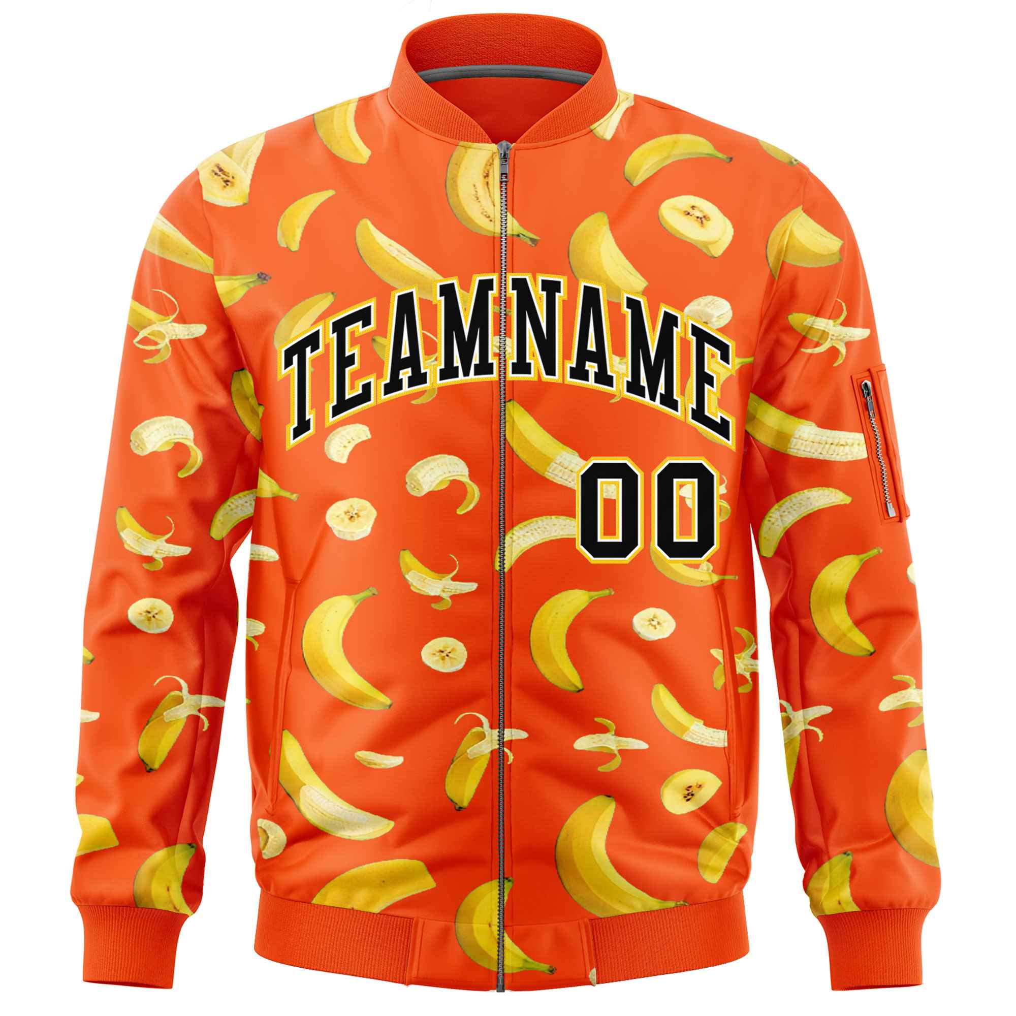 Custom Orange Varsity Full-Zip Banana Pattern Letterman Bomber Jacket | Graffiti Pattern | Embroidery&Dye-sublimation printing | KXKSHOP