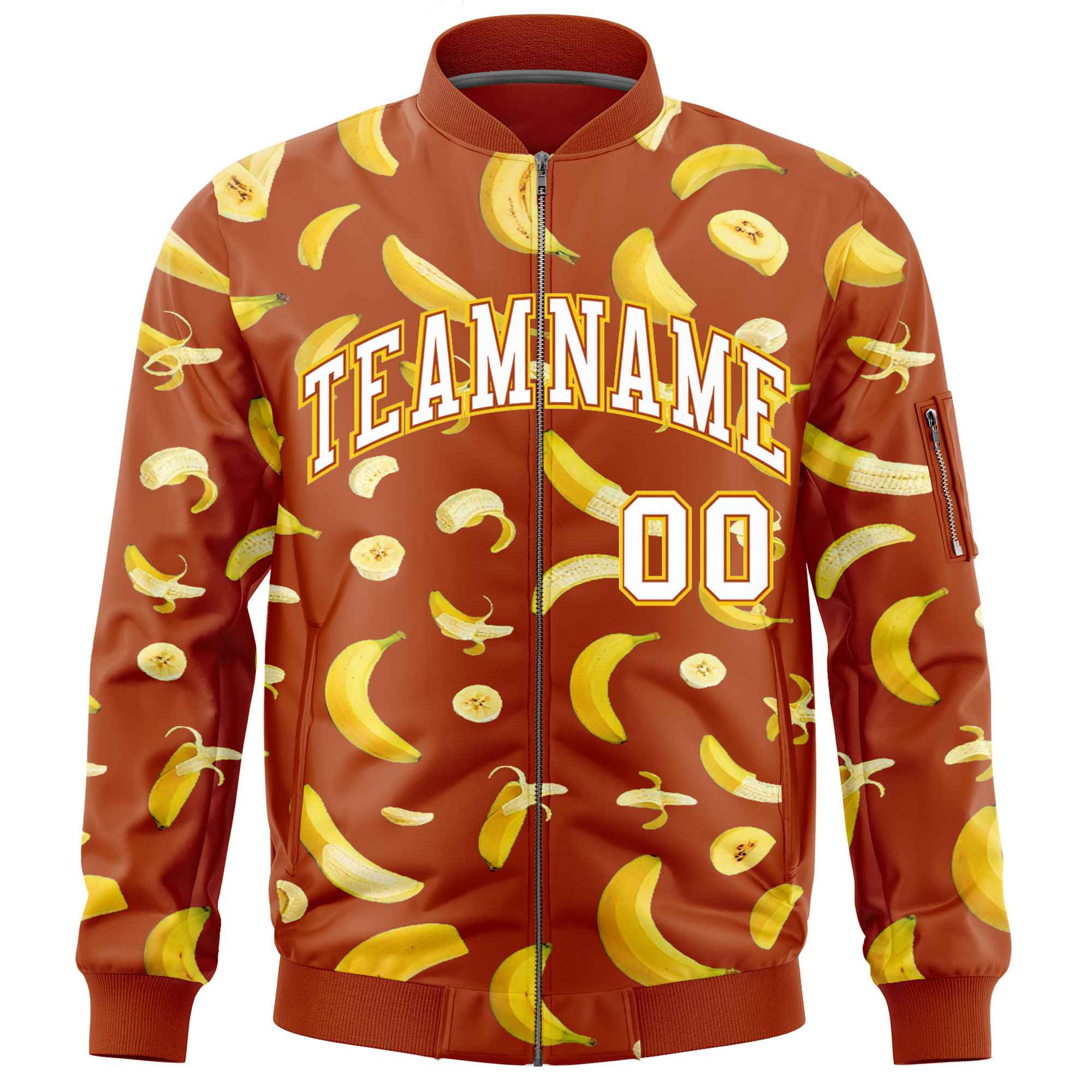 Custom Dark Orange Varsity Full-Zip Banana Pattern Letterman Bomber Jacket | Graffiti Pattern | Embroidery&Dye-sublimation printing | KXKSHOP